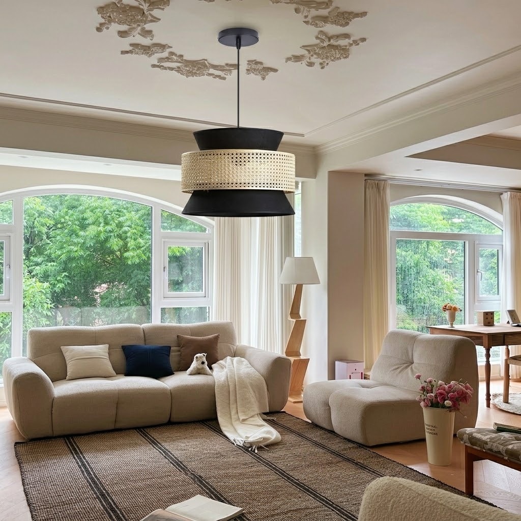 Modern Boho Black Fabric and Rattan Tiered Pendant Light for Dining Room