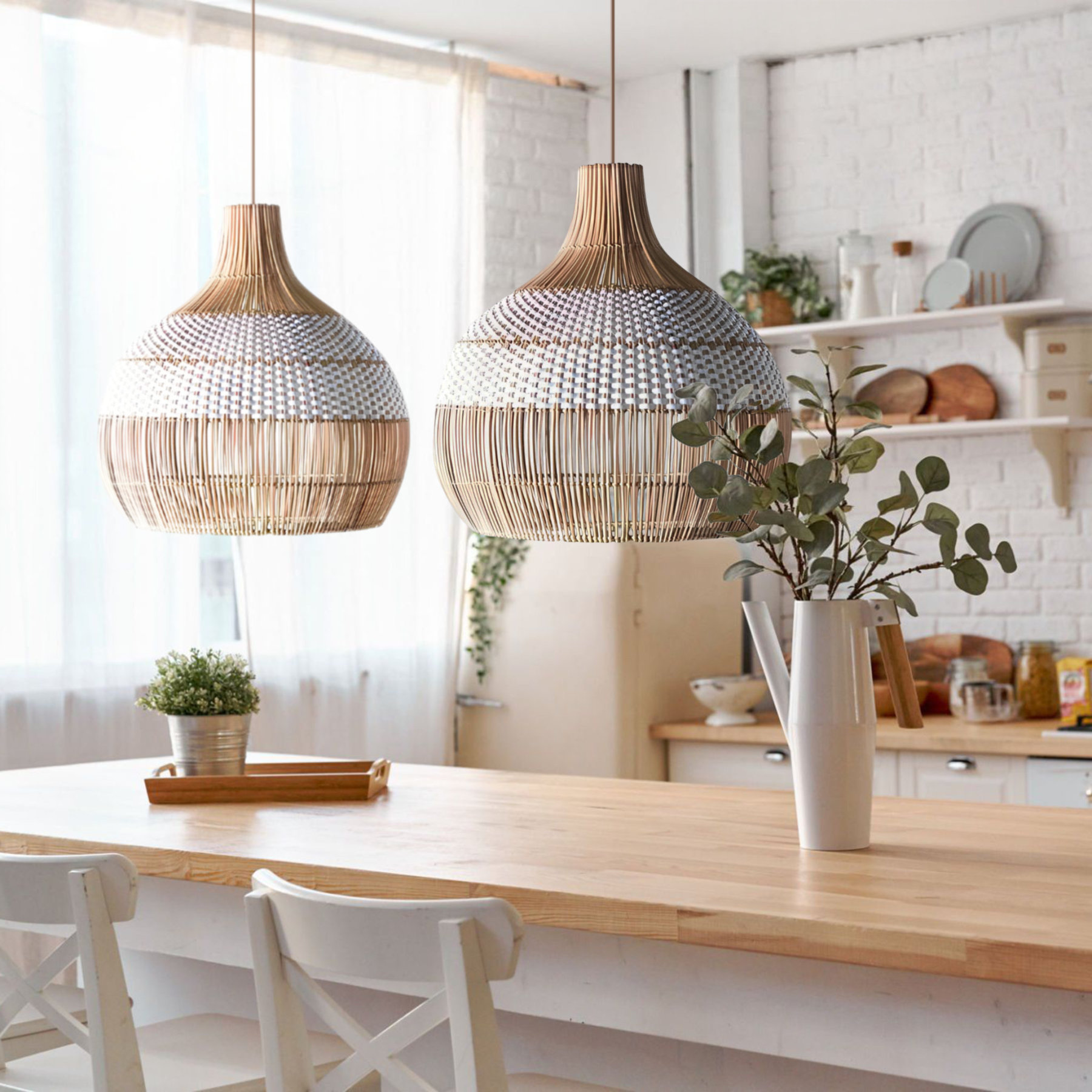 White Rattan Pendant Light Woven Rattan Lampshade-labpiecesign