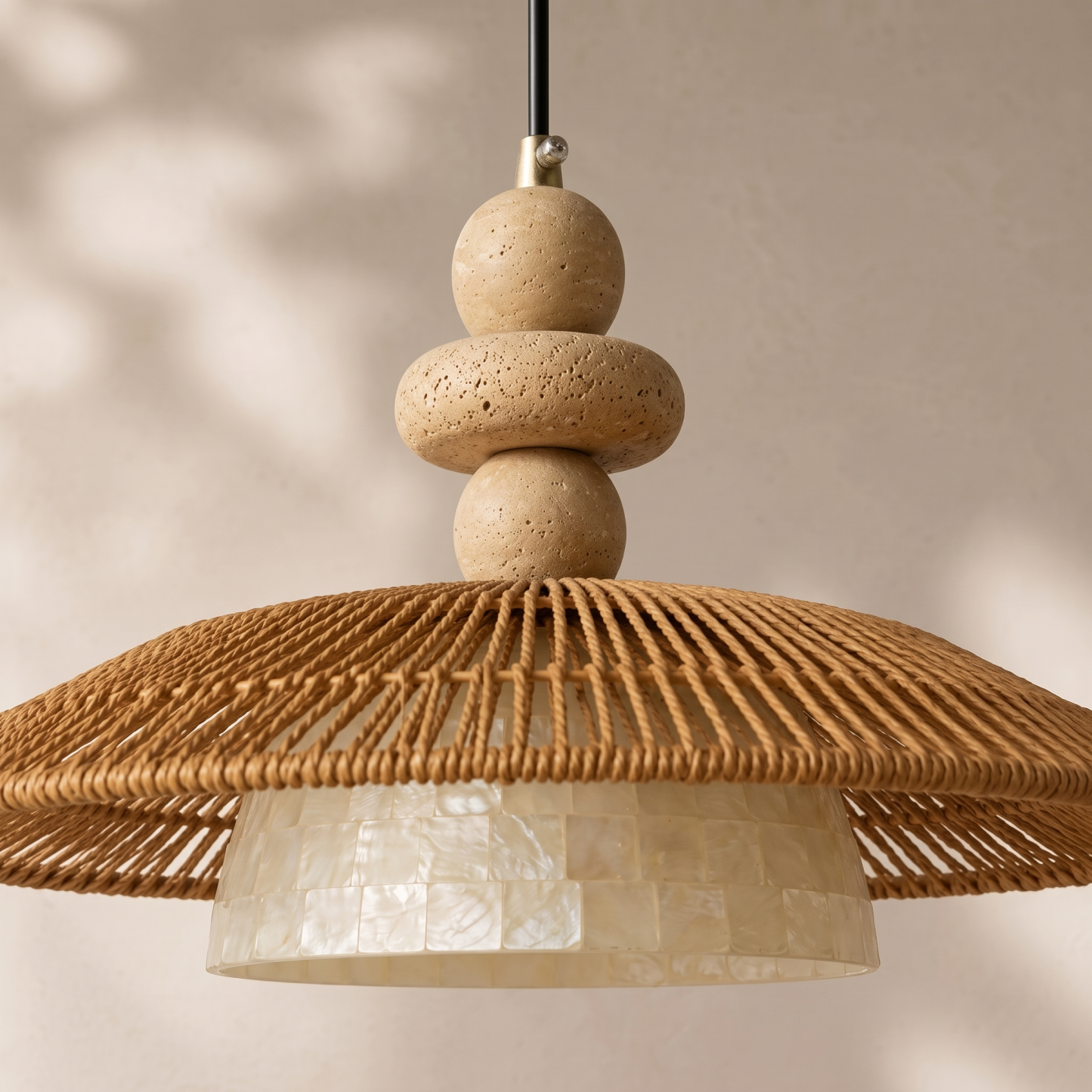 Wabi Sabi Rope Pendant Light with Shell Accent-Minimalist Boho Hanging Ceiling Lamp for Dining Room