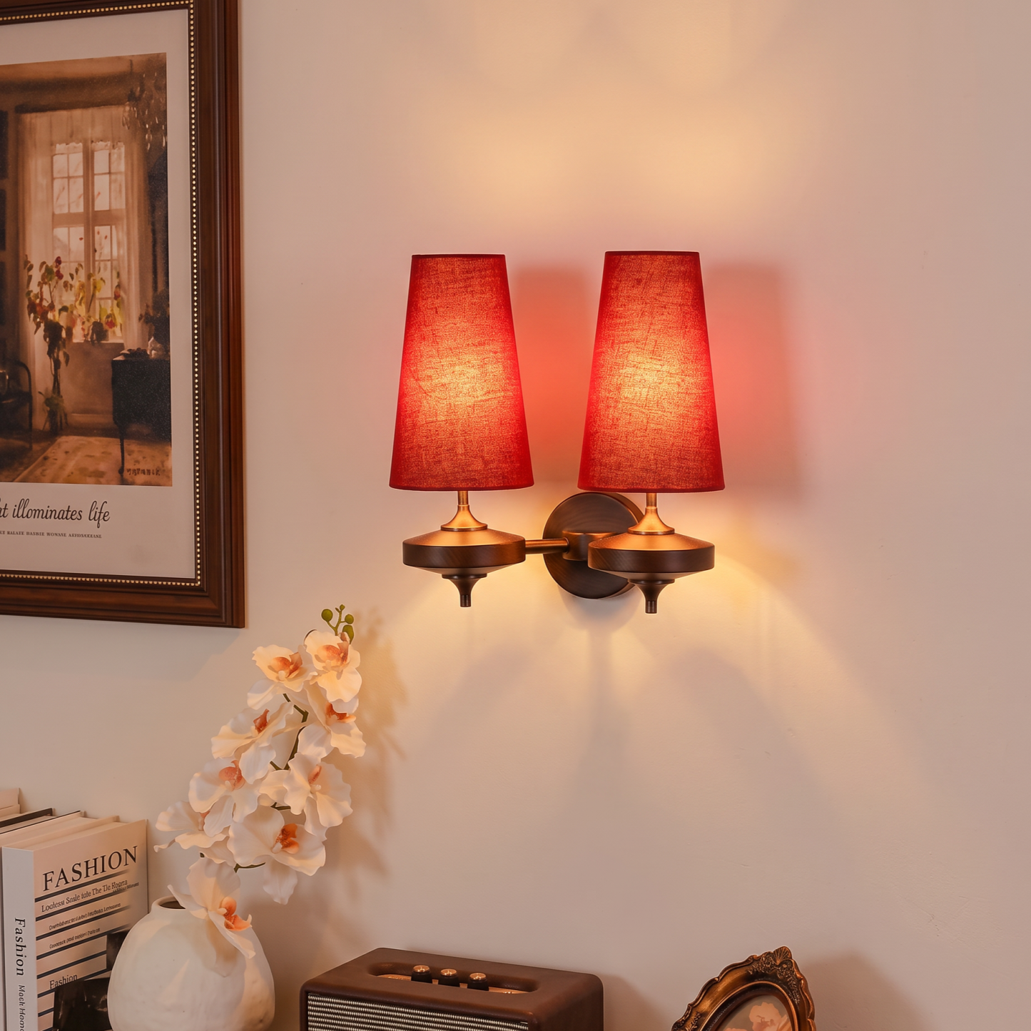 Modern Mid-Century Fabric Wall Sconce Elegant Dark Wood Accent Sconce for the Bedroom Living Room and Hallway
