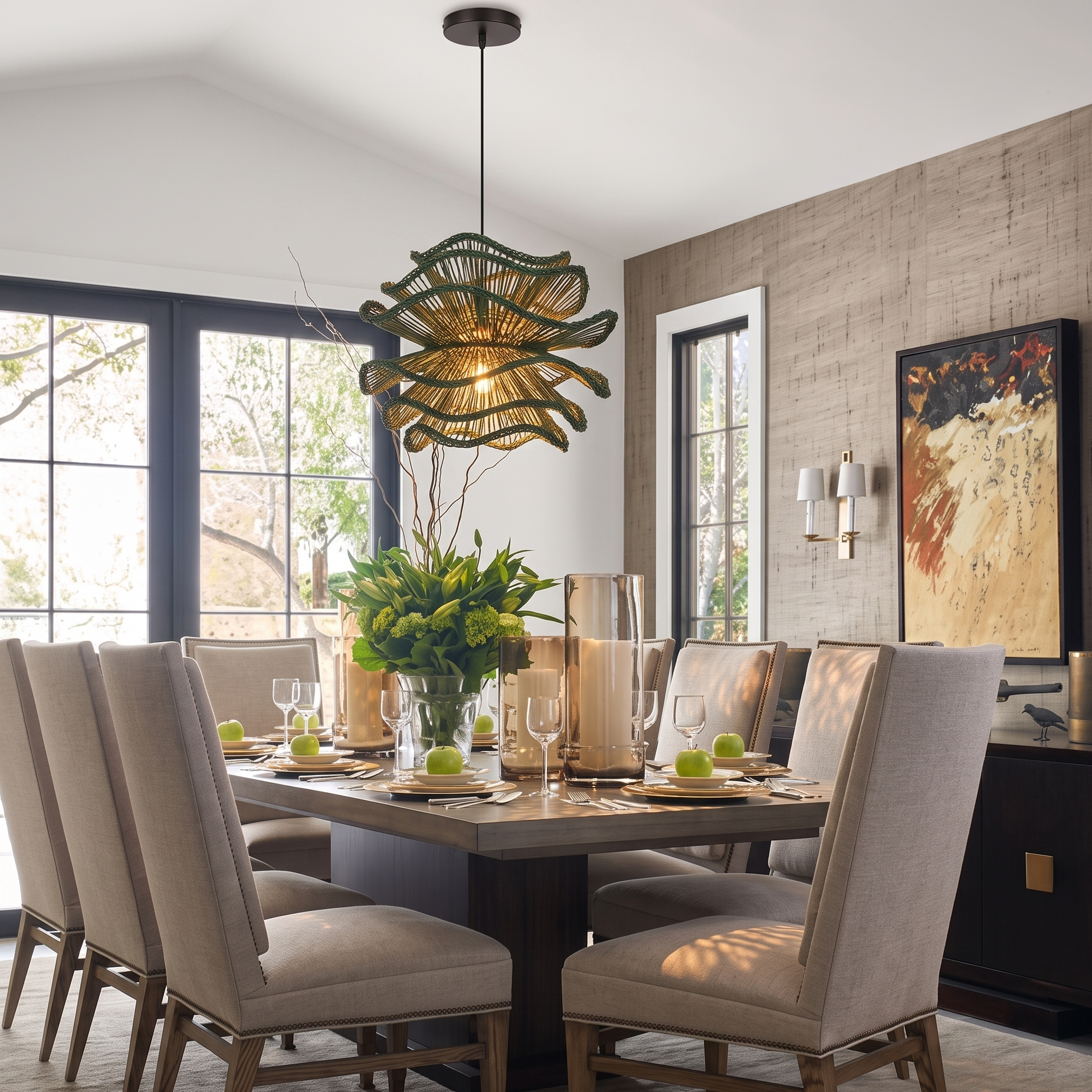Boho Green Woven Flower Rattan Pendant Light for Kitchen Island Dining Room 