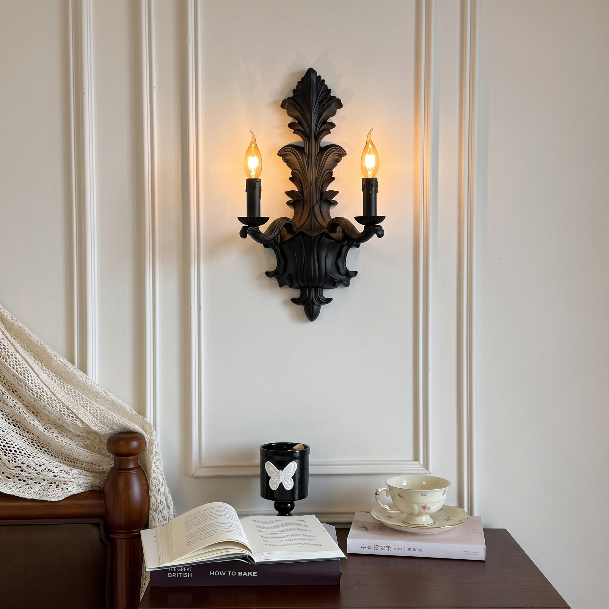 Vintage French Resin Wall Sconce -Elegant Gothic Candle Wall Light Fixture for Living Room Bedroom Hallway