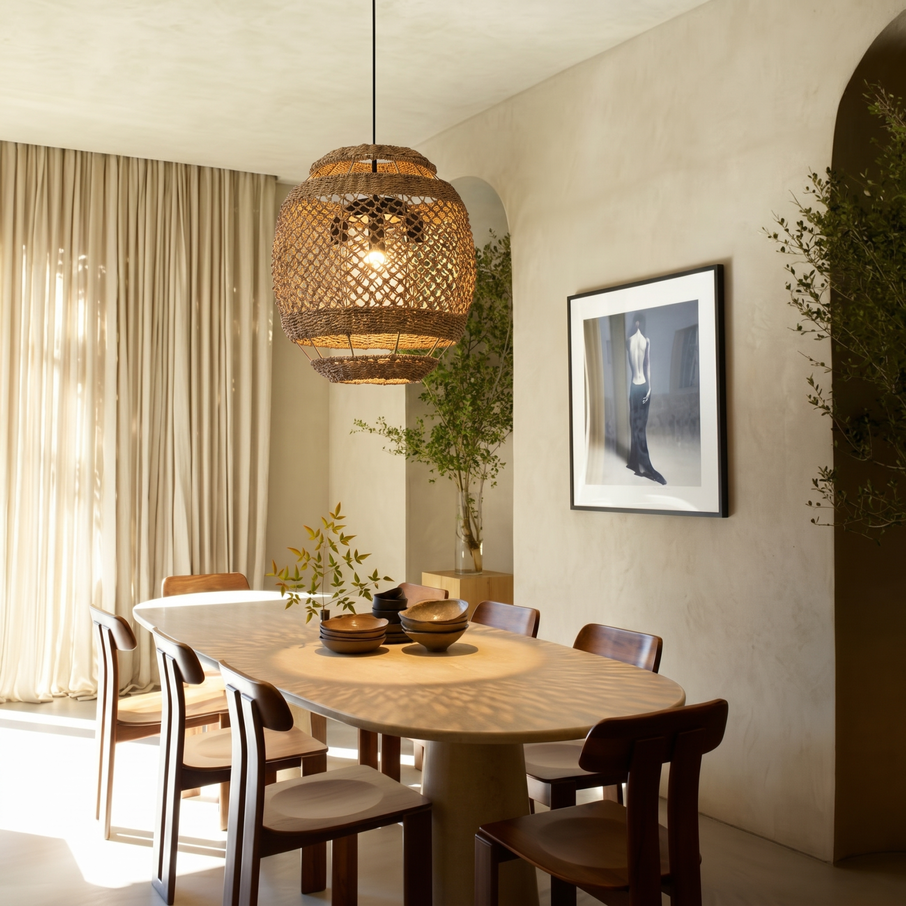 Handwoven Rattan Pendant Light Coastal Boho Hanging Chandelier for the Dining Room