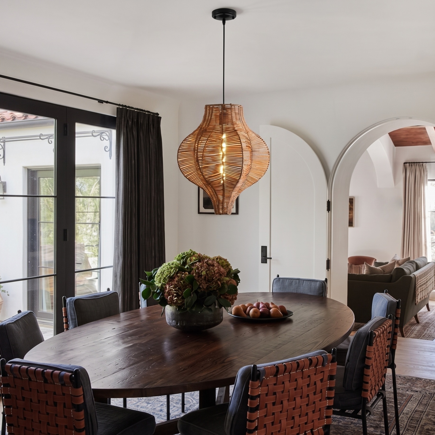 Coastal Style Woven Basket Rattan Pendant Light for Dining Room Kitchen Island