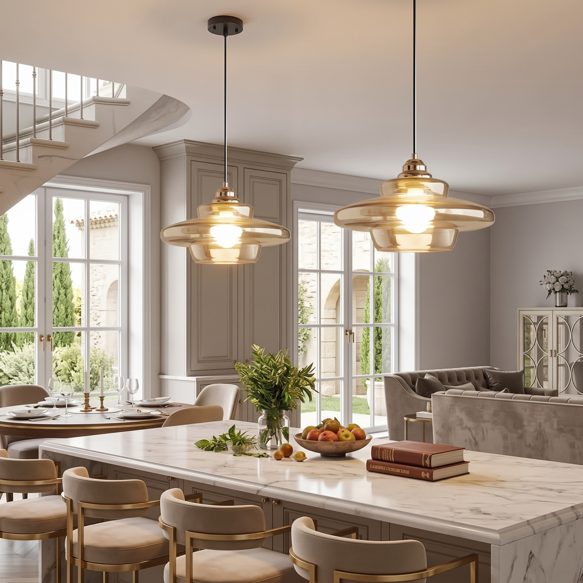 Modern Amber Layered Glass Pendant Light – Mid-Century Style Ceiling Lamp for Dining Rooms Kitchen IslandsBedrooms