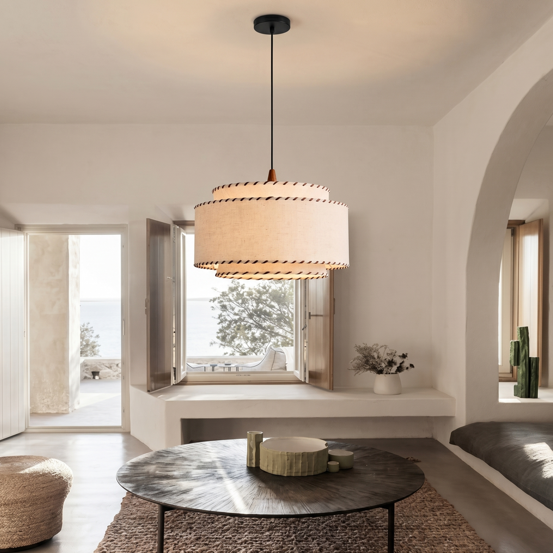 Mid-Century Modern Drum Fabric Pendant Light for Living Room Bedroom