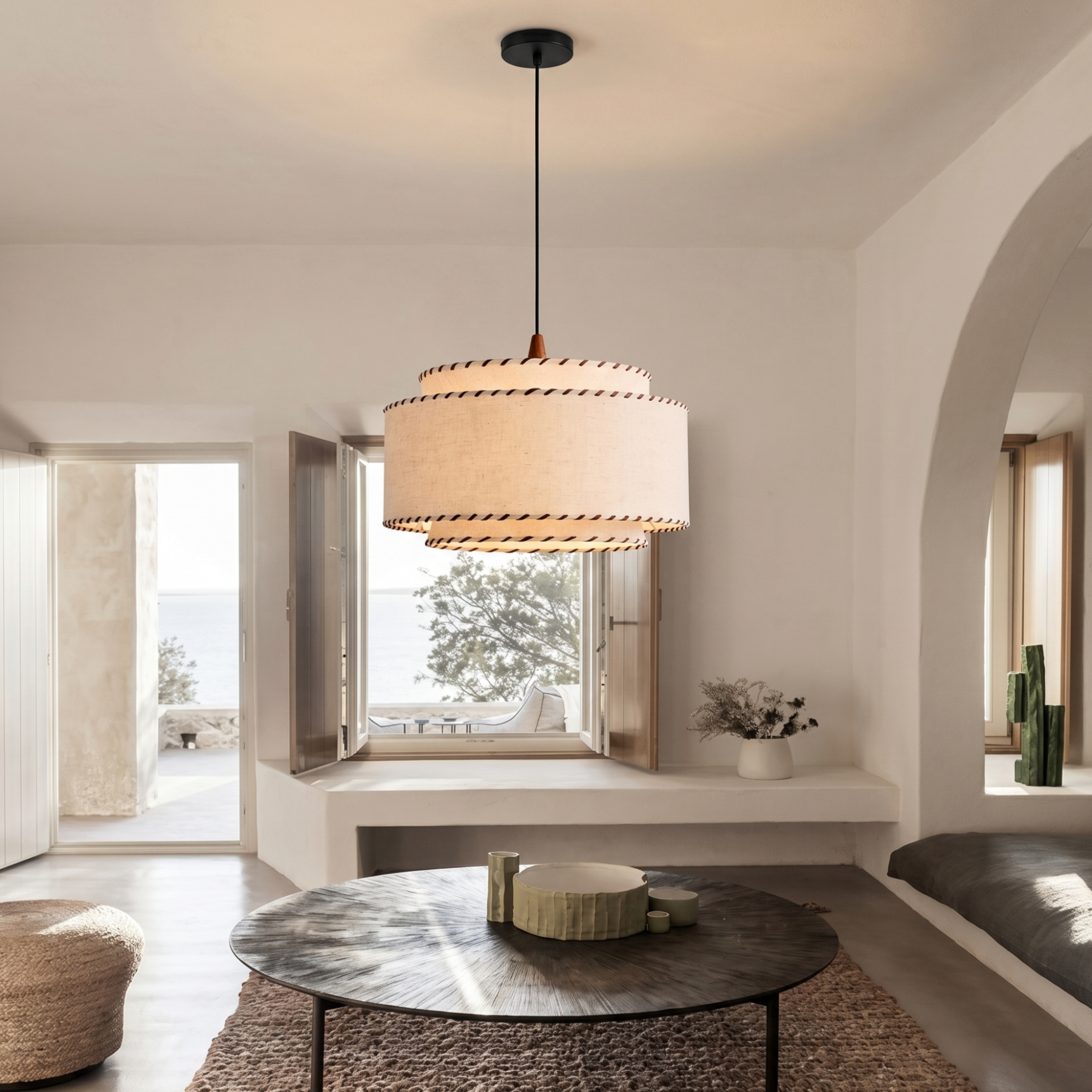 Mid-Century Modern Drum Fabric Pendant Light for Living Room Bedroom