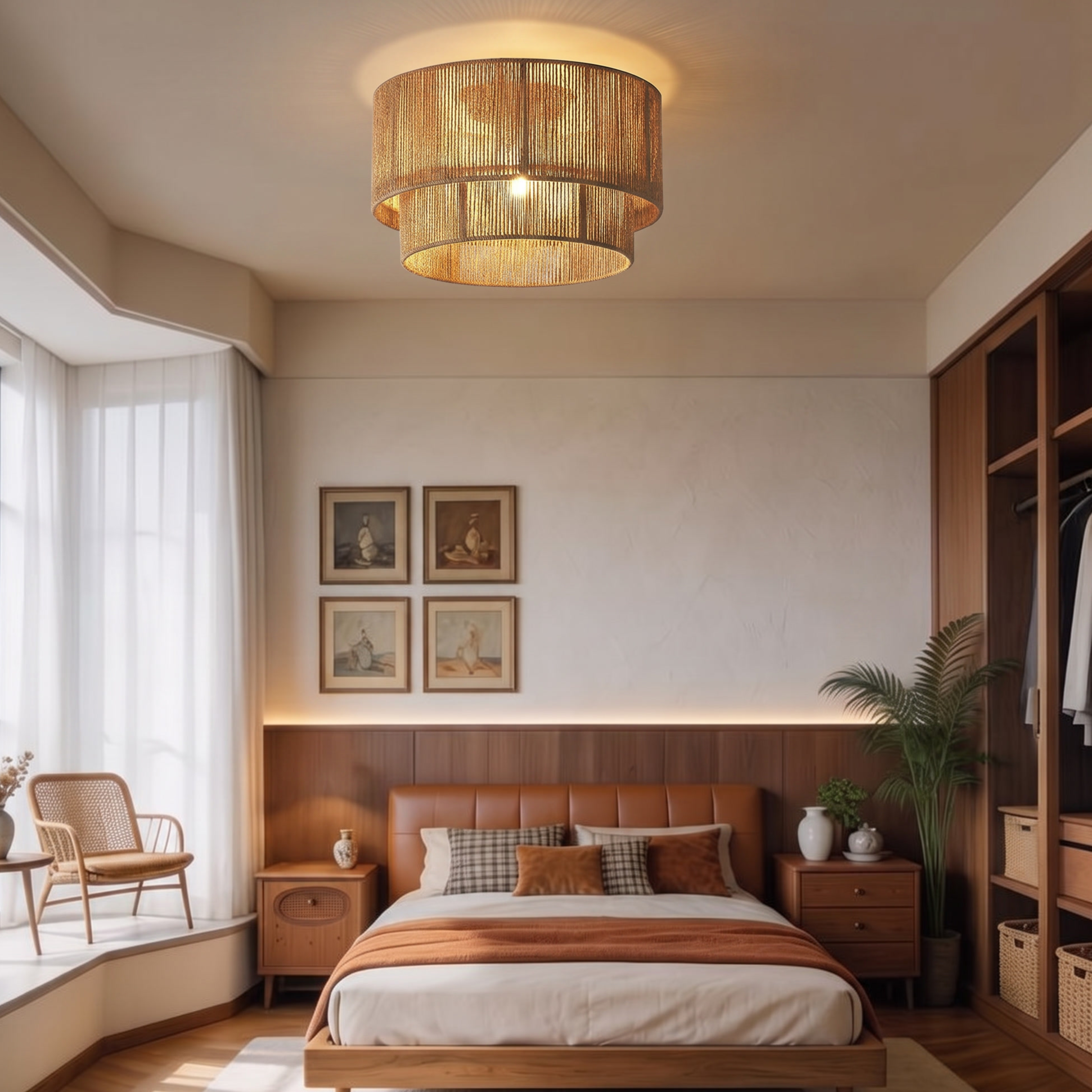 Japanese Retro Hemp Rope Semi Flush Ceiling Lamp for Bedroom
