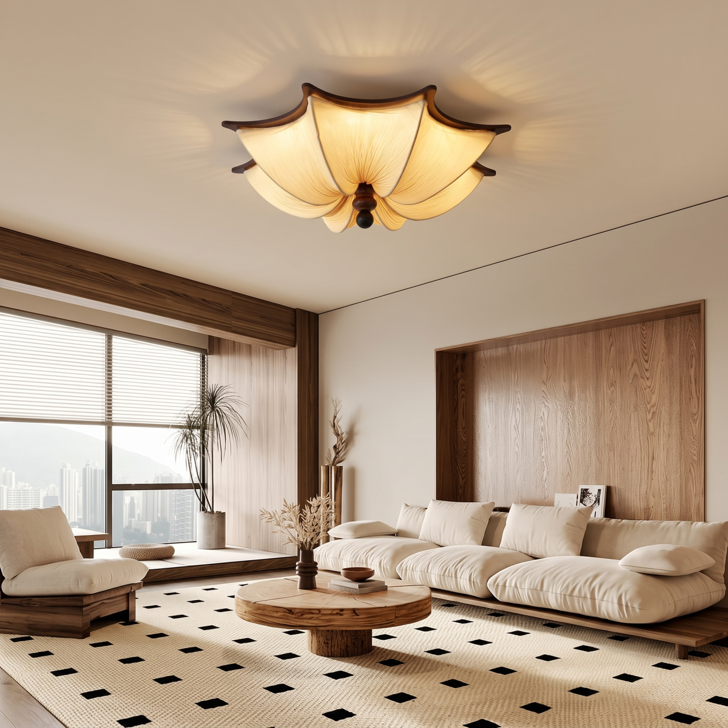 Lotus Fabric Flush Mount Ceiling Light,Vintage Wabi-Sabi  Lamp for Living Room Bedroom