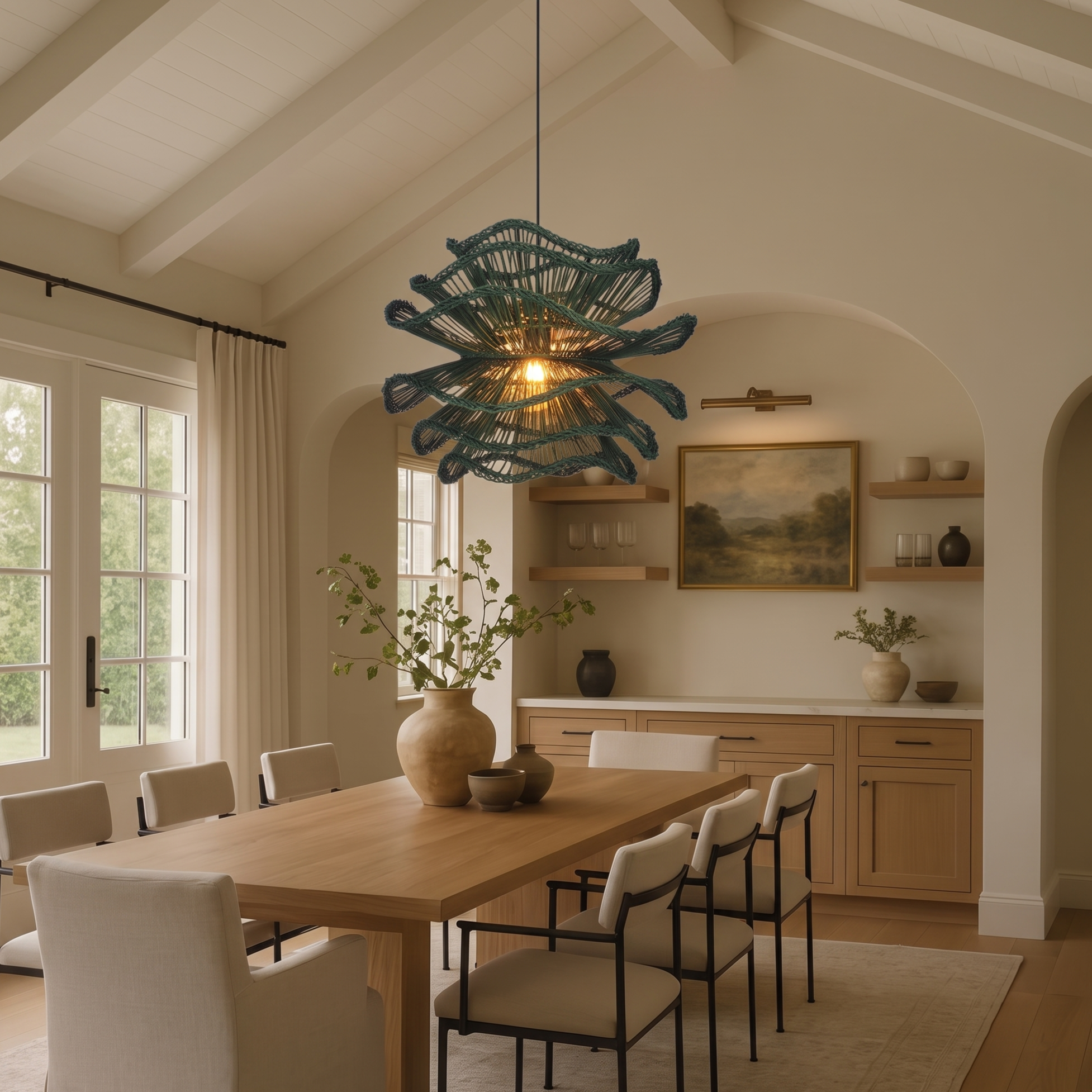 Boho Green Woven Flower Rattan Pendant Light for Kitchen Island Dining Room 