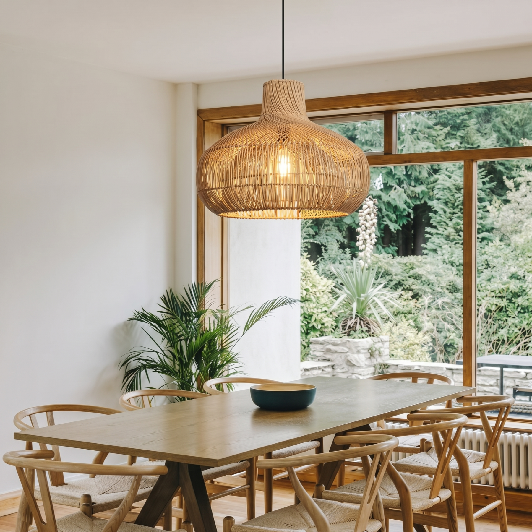 Boho Hand-Woven Rattan Pendant Light, Large Dome-Shaped Wicker Hanging Lamp for Kitchen Islands Dining Rooms