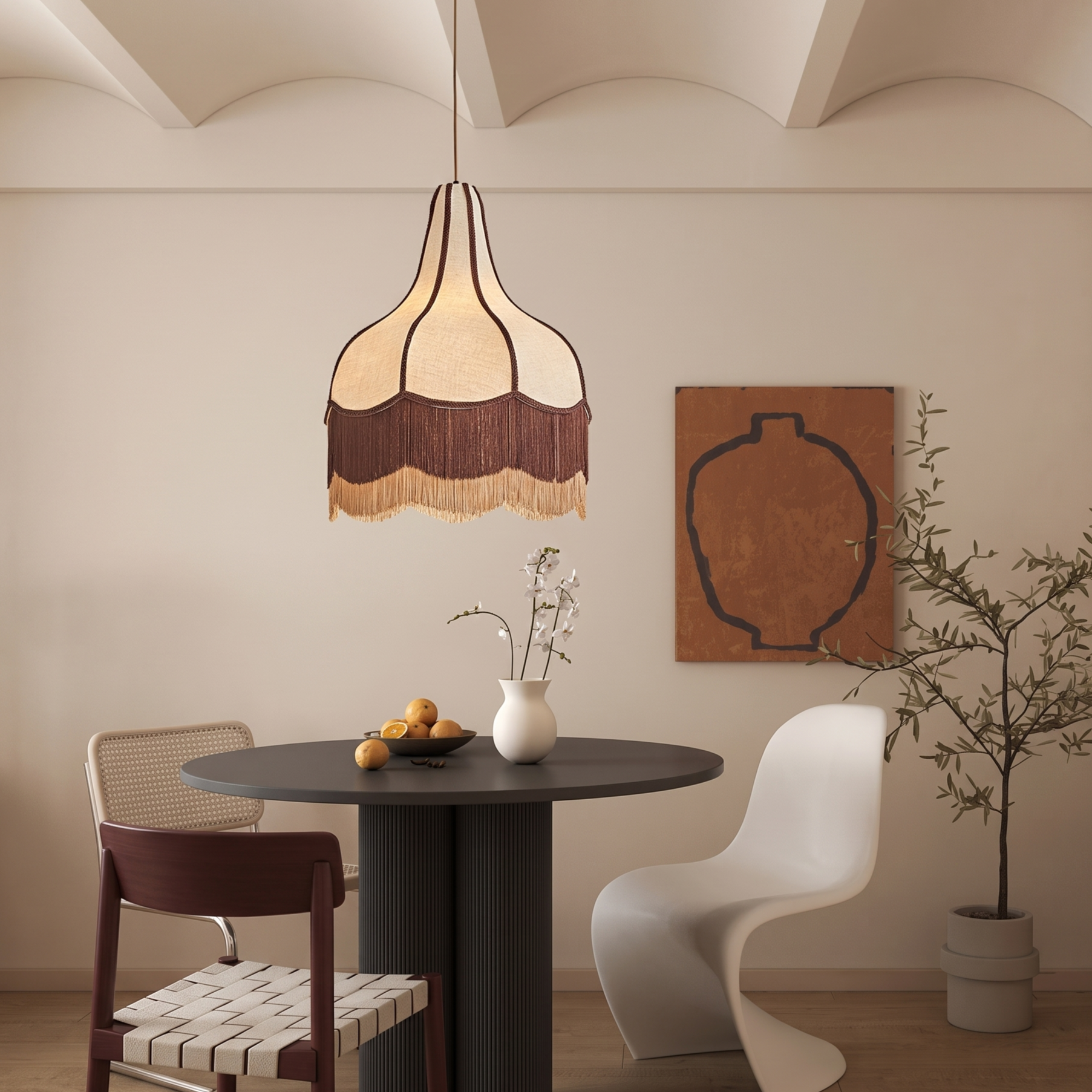 Vintage Fringe Pendant Light-Handcrafted Fabric Dome Chandelier for Living Room Dining Room Boutique Spaces