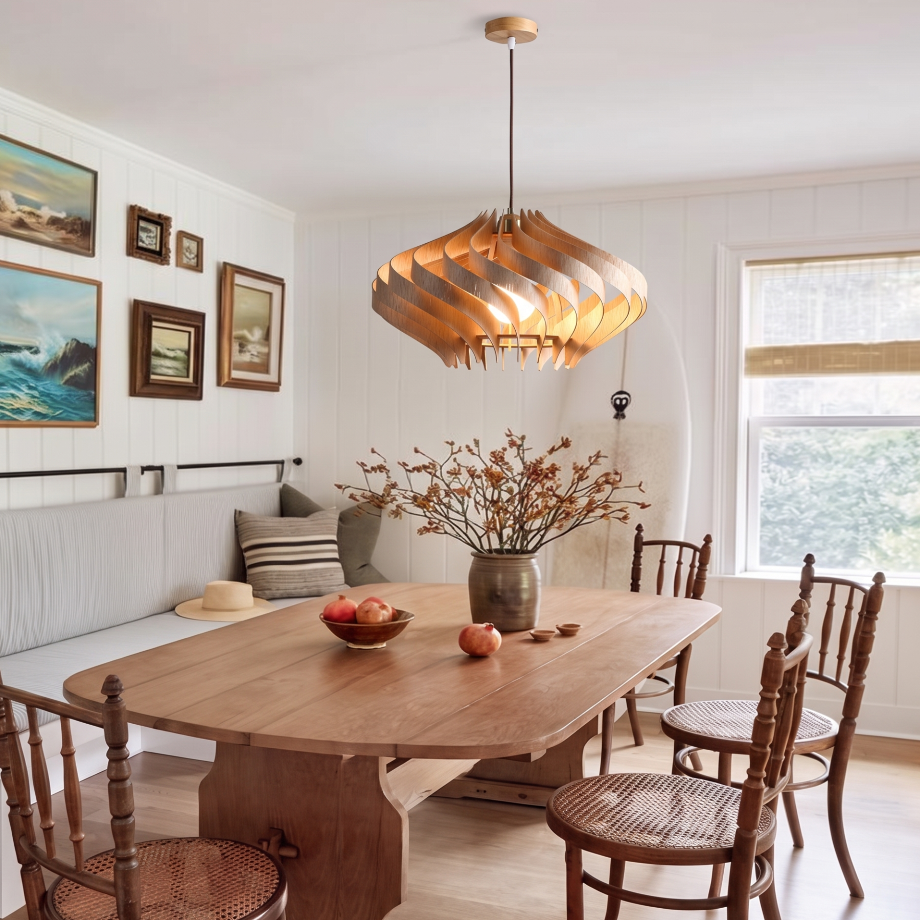 Retro Wooden Pendant Light Japandi Hanging Ceiling Lamp for Dining Room Kitchen Island Living Room