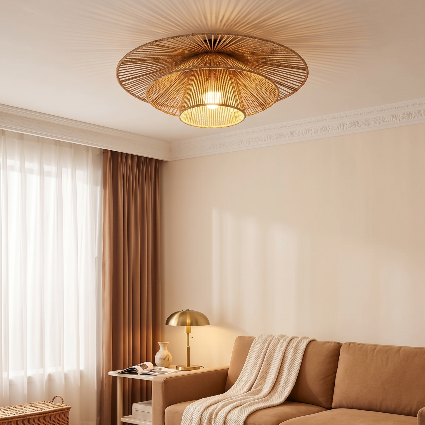 Boho Handmade Double-Layer Rope Flush-Mount Ceiling Light Bedroom Living Room and Hallway