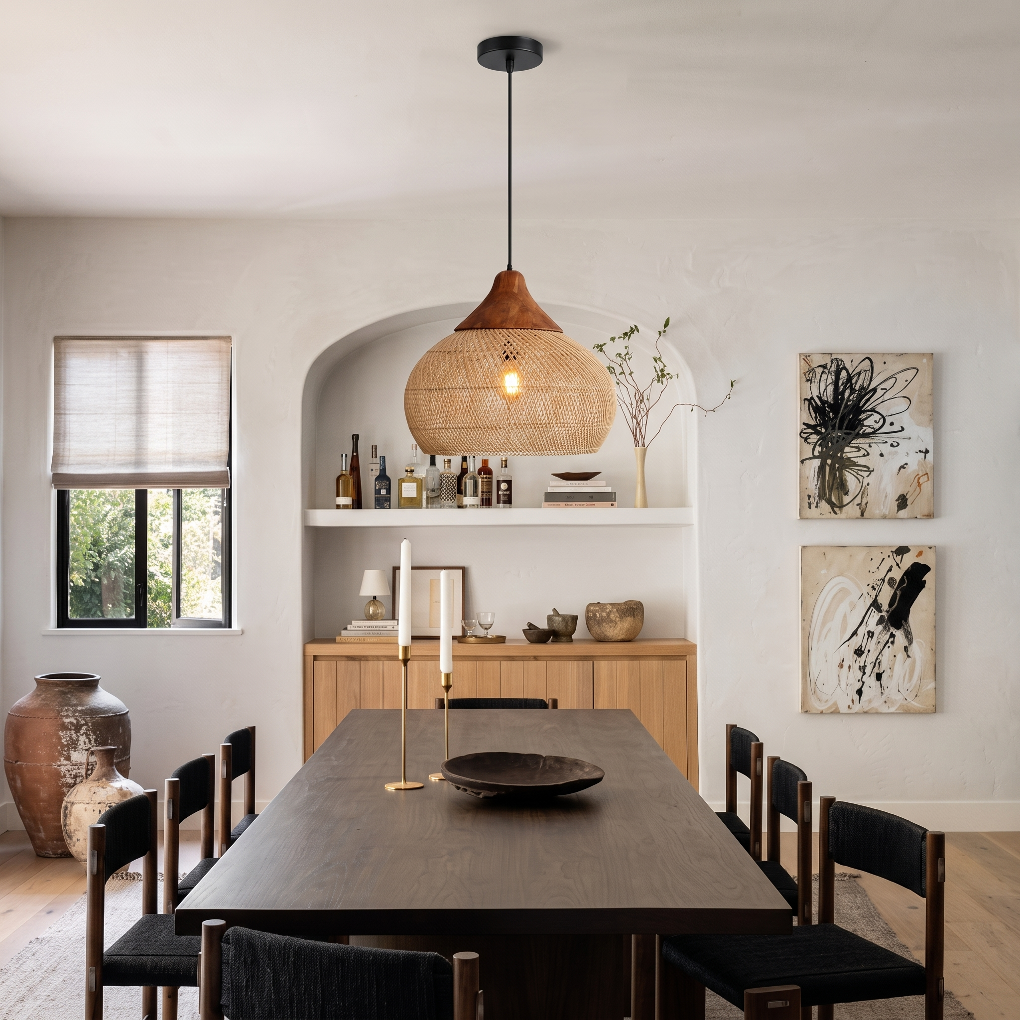 Black Rattan Dome Pendant Light for Kitchen Island