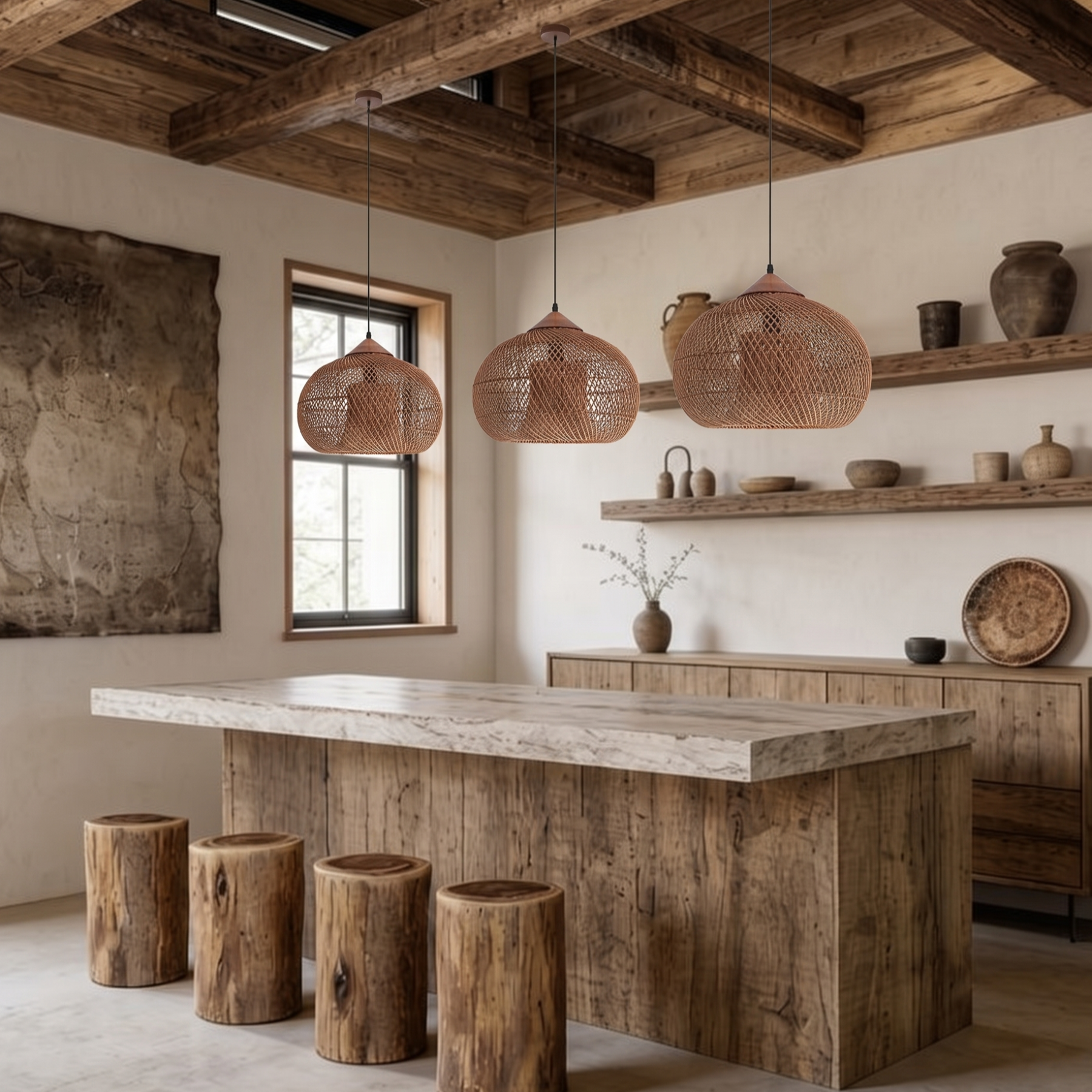 Handcrafted Rattan Pendant Light Retro Wabi-Sabi-style Chandelier for Dining Room Kitchen Island