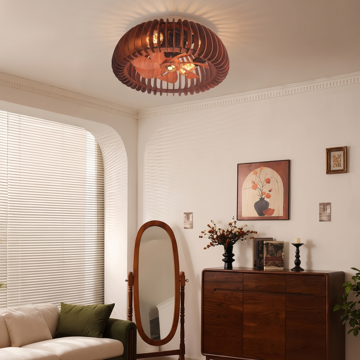 Handcrafted Wooden Cage Ceiling Fan Light Rustic Vintage Cage Chandelier Fan for Bedroom Living Room