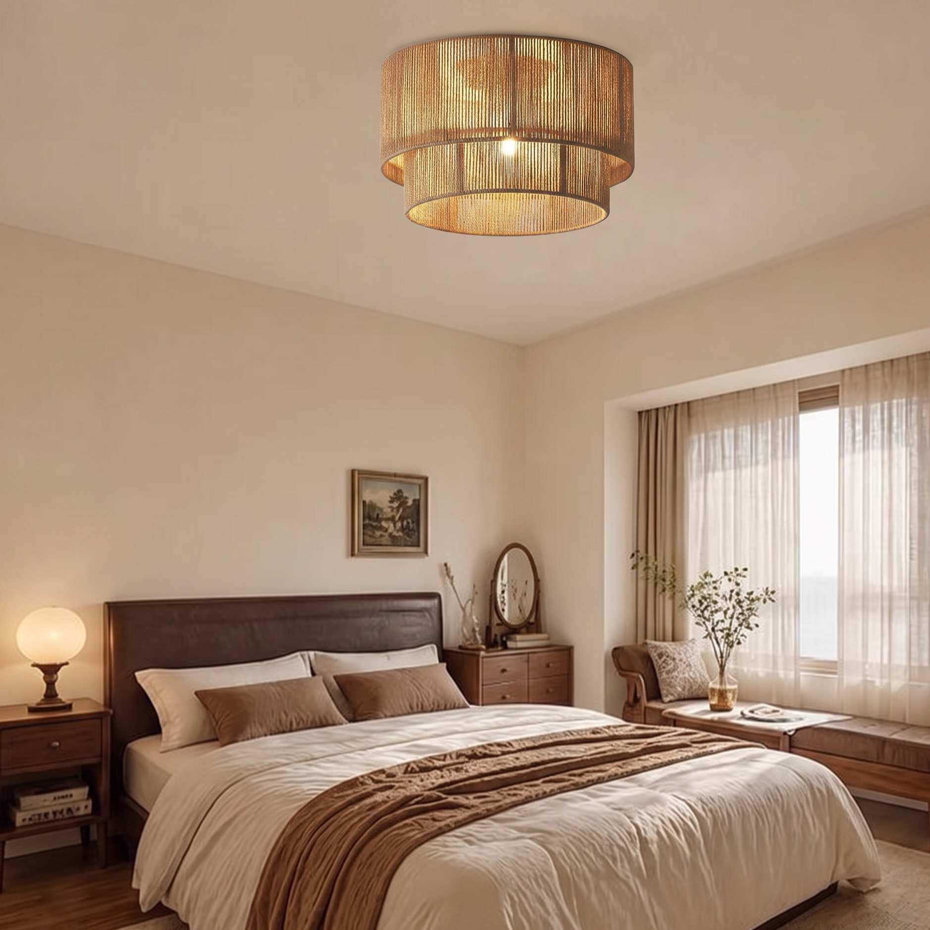 Japanese Retro Hemp Rope Semi Flush Ceiling Lamp for Bedroom