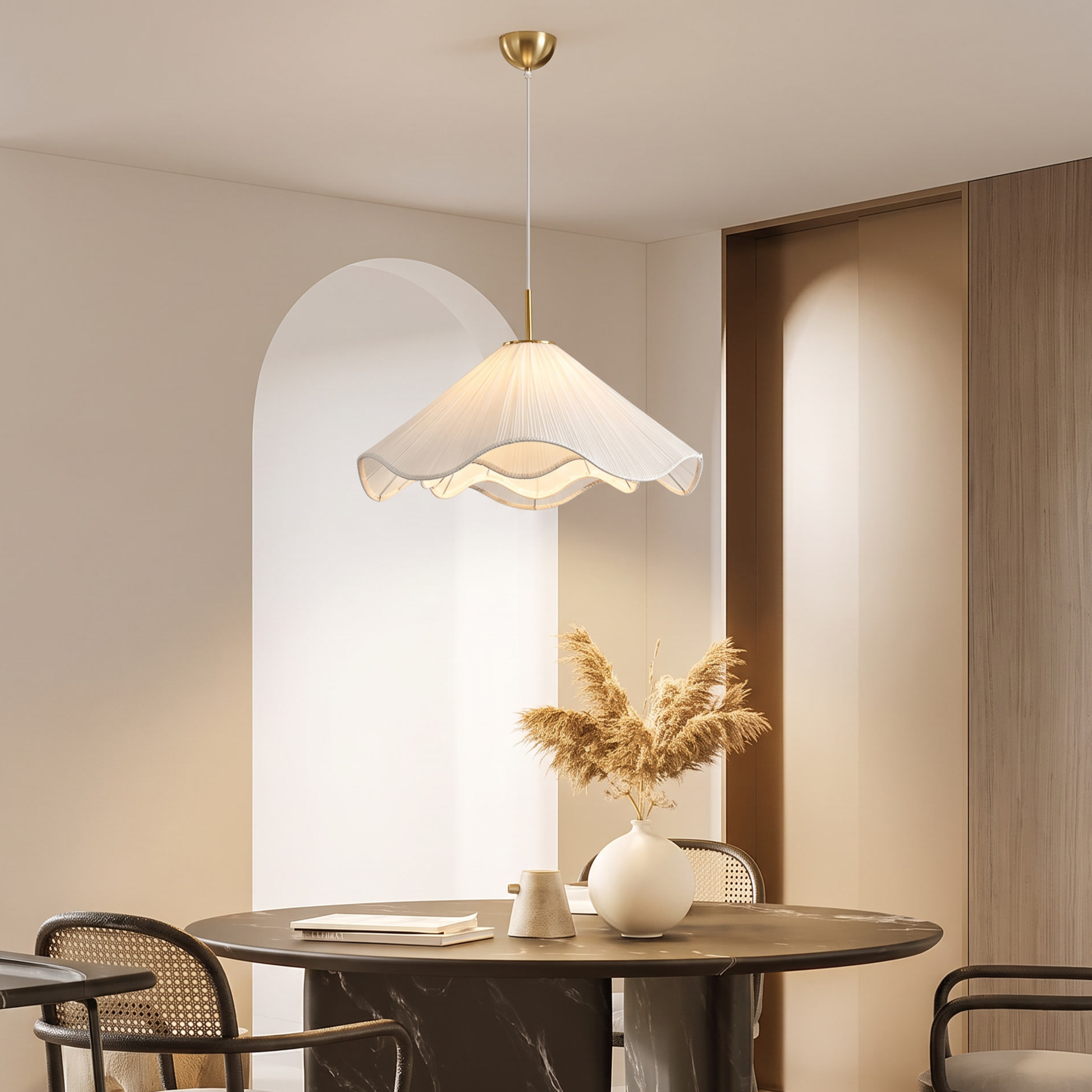 Creative Pleated White Fabric Flower Pendant Light-Elegant Hanging Lamp for Dining Room Bedroom Kitchen Island
