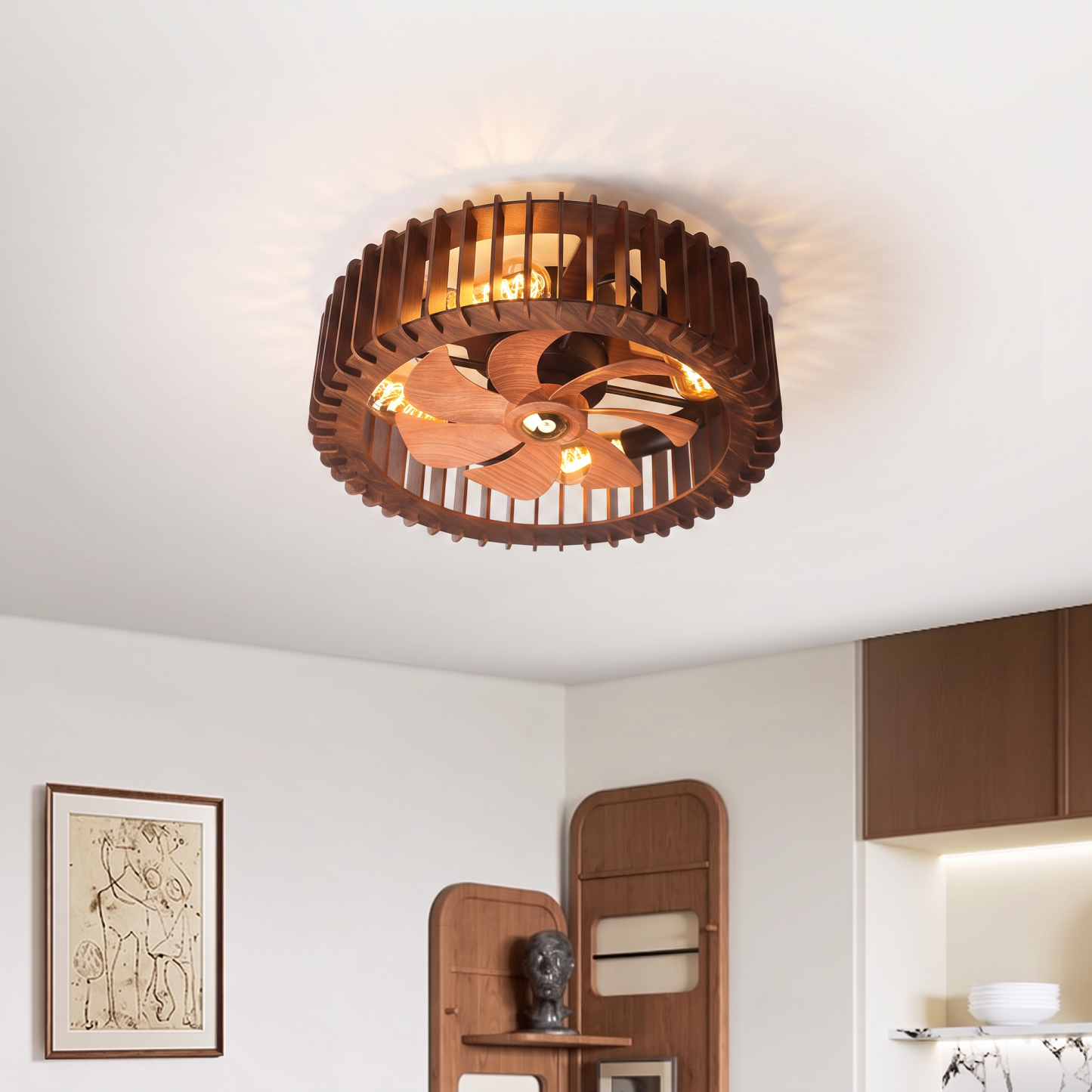 Vintage Wooden Cage Ceiling Fan with Lights Flush Mount Rustic Ceiling Fan for Bedroom Living Room