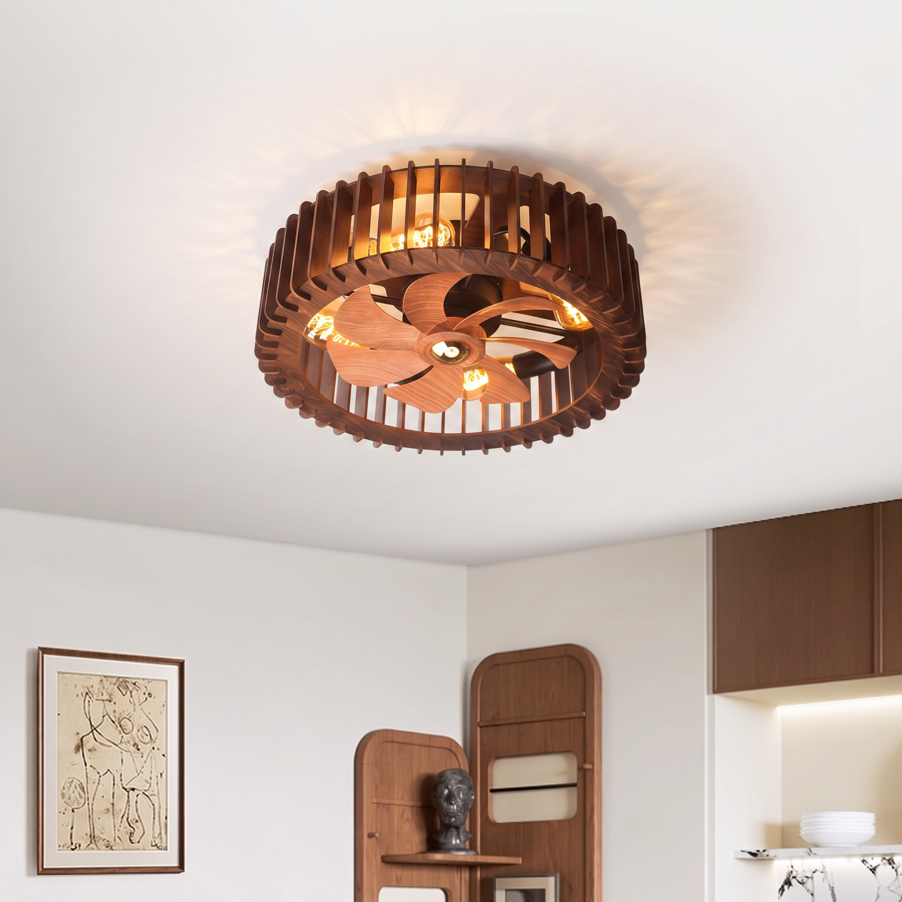 Vintage Wooden Cage Ceiling Fan with Lights Flush Mount Rustic Ceiling Fan for Bedroom Living Room