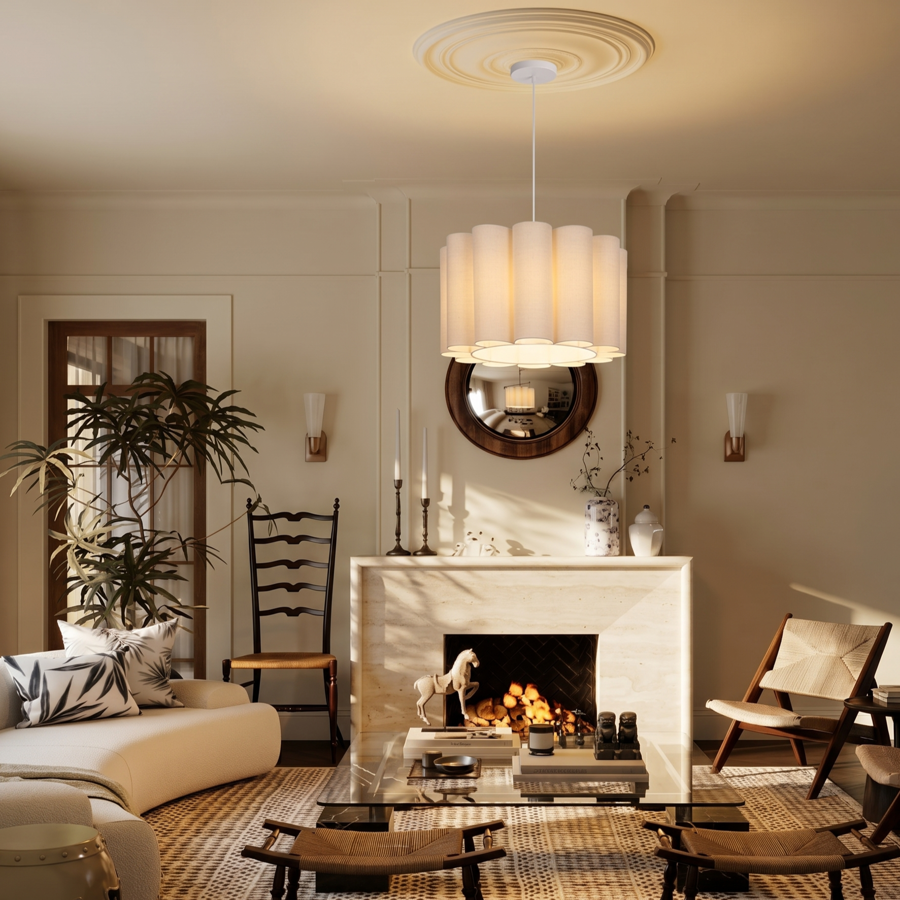 Modern Scalloped Fabric Pendant Light, Elegant Fabric Drum Chandelier  for BedroomLiving Room 