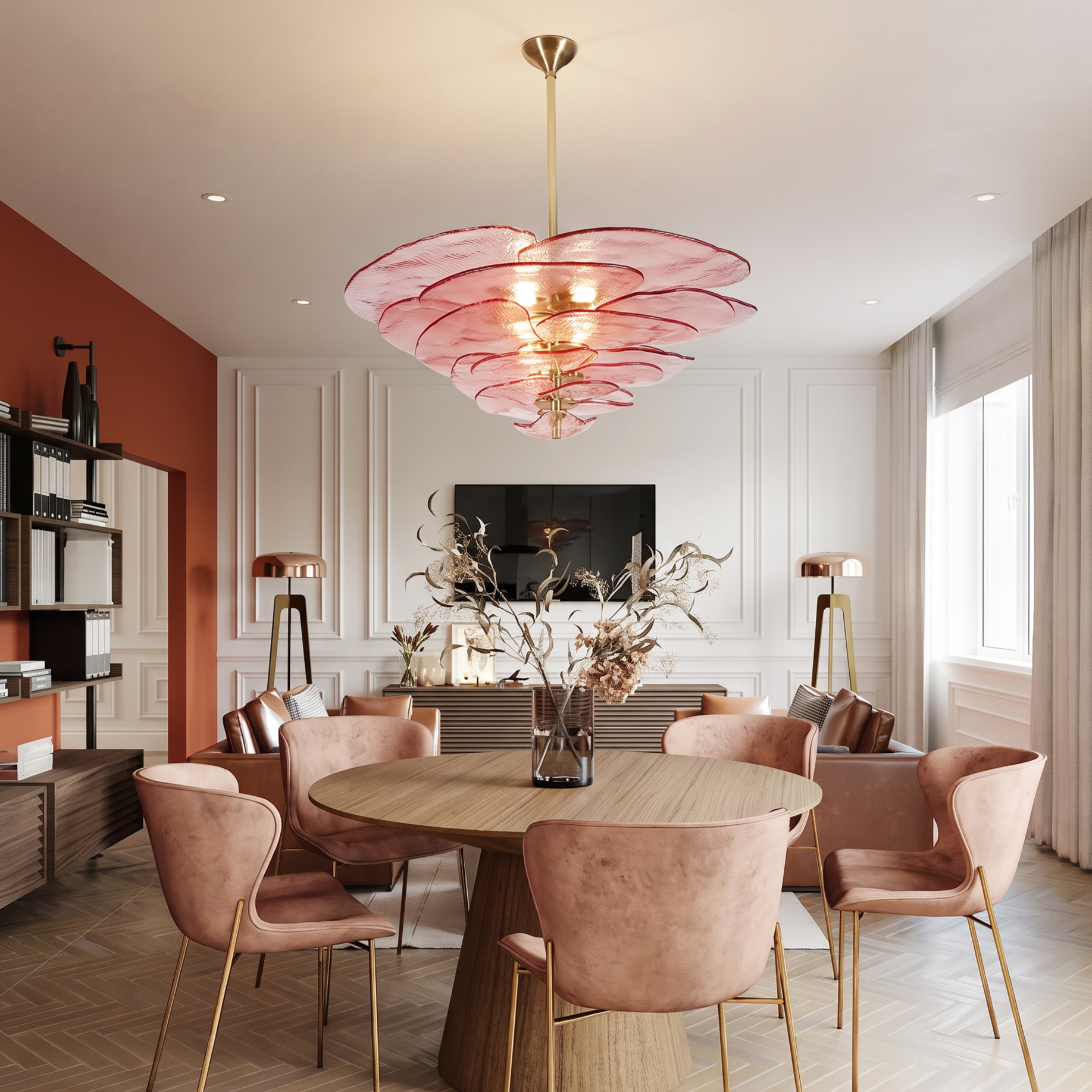 Mid-Century Modern Amber Petal Chandelier for Living Room Dining Area