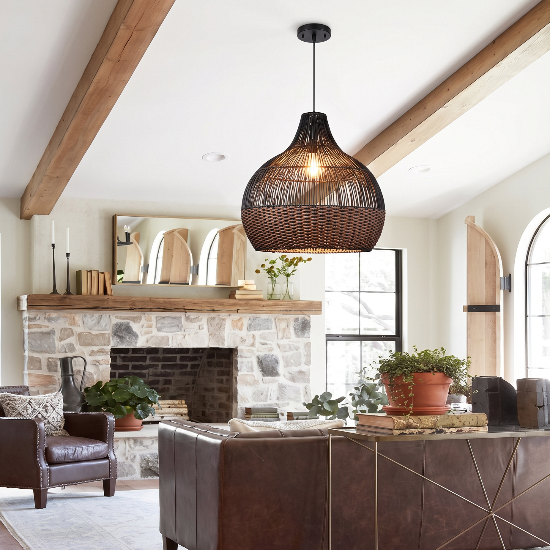 Black Woven Rattan Pendant Light – Handcrafted Boho Farmhouse Hanging Lamp for Dining Room Kitchen Living Room