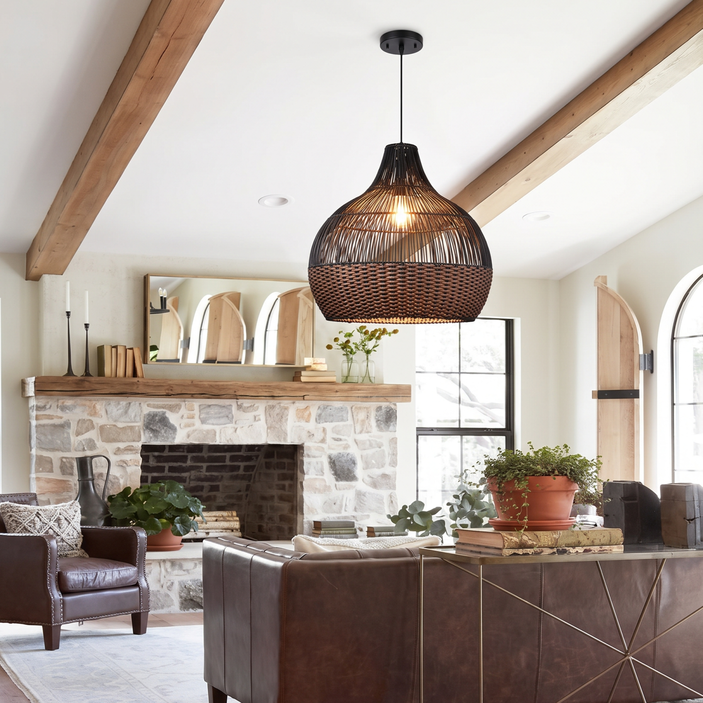 Black Woven Rattan Pendant Light – Handcrafted Boho Farmhouse Hanging Lamp for Dining Room Kitchen Living Room