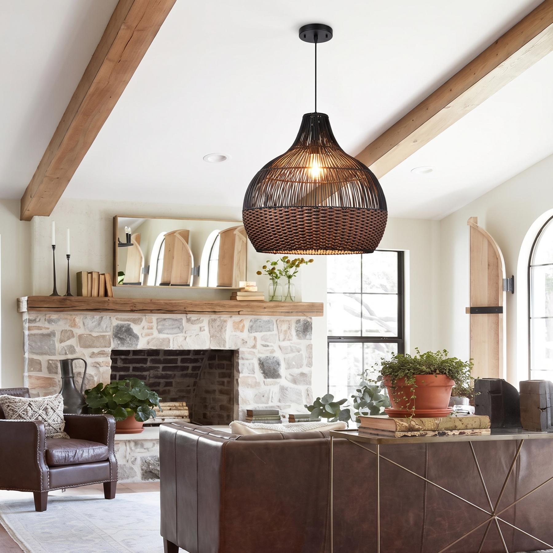 Black Woven Rattan Pendant Light – Handcrafted Boho Farmhouse Hanging Lamp for Dining Room Kitchen Living Room