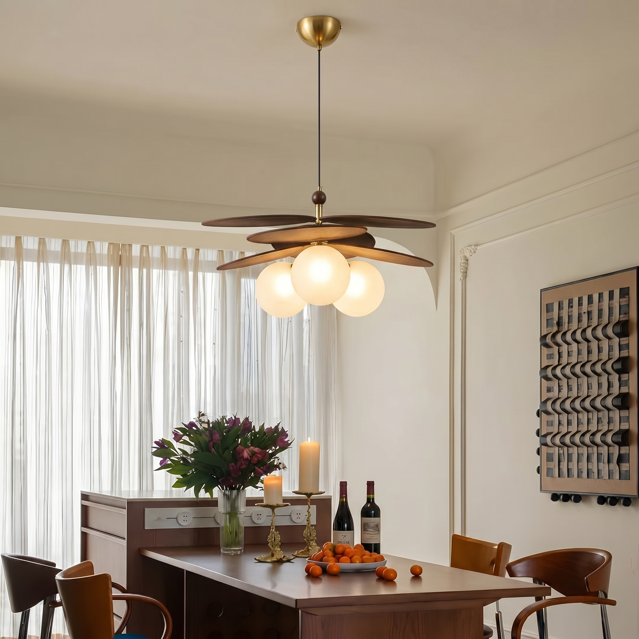 French Vintage Style Raffia Rattan Woven Dining Room Chandelier