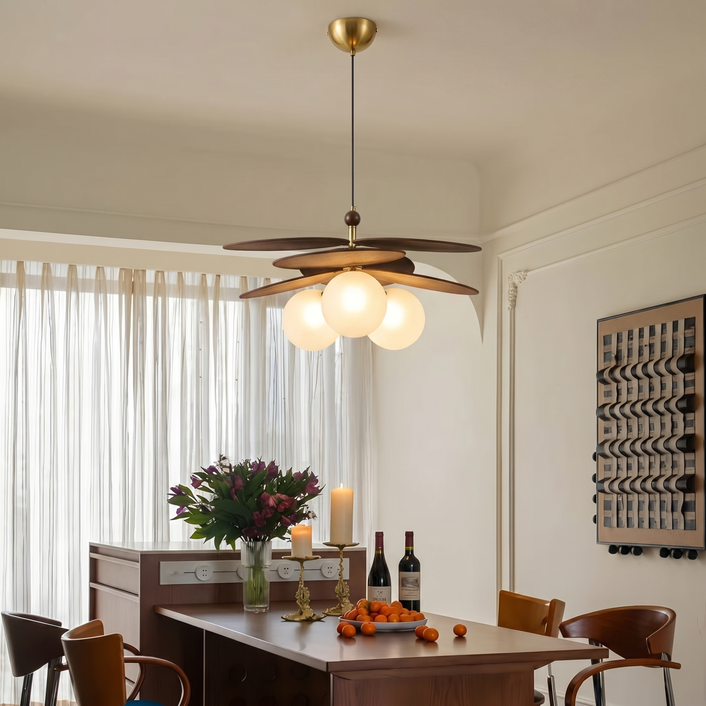 French Vintage Style Raffia Rattan Woven Dining Room Chandelier
