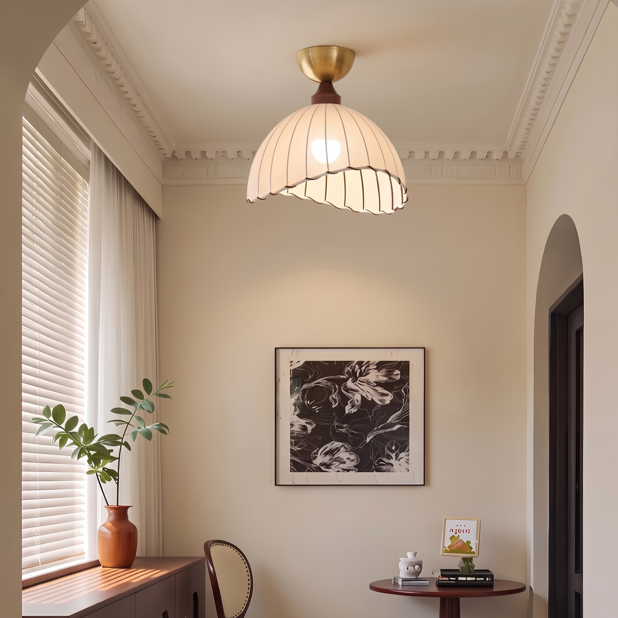 Vintage Cream Fabric Ceiling Light for Bedroom Living Room Corridor