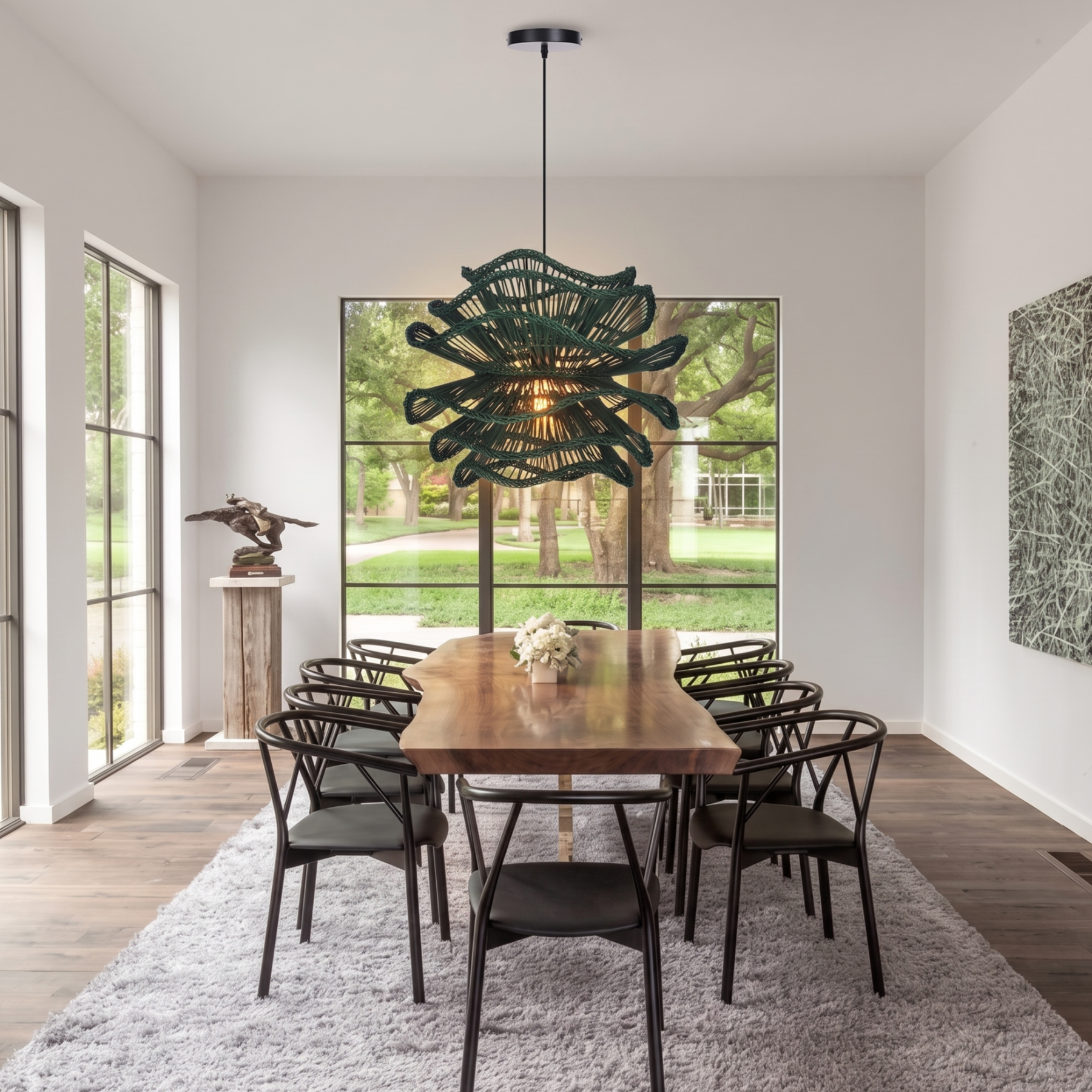 Boho Green Woven Flower Rattan Pendant Light for Kitchen Island Dining Room 