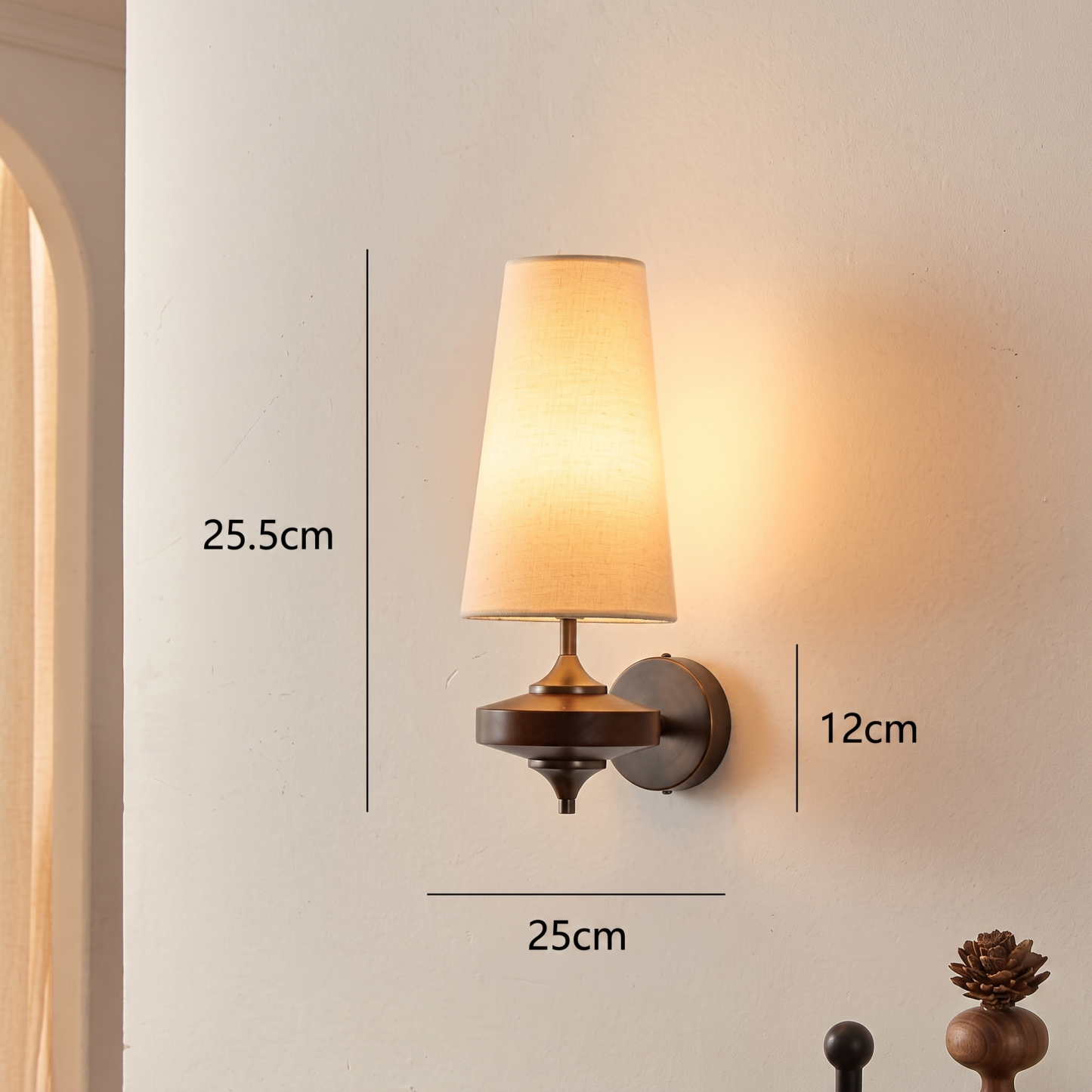 Modern Mid-Century Fabric Wall Sconce Elegant Dark Wood Accent Sconce for the Bedroom Living Room and Hallway