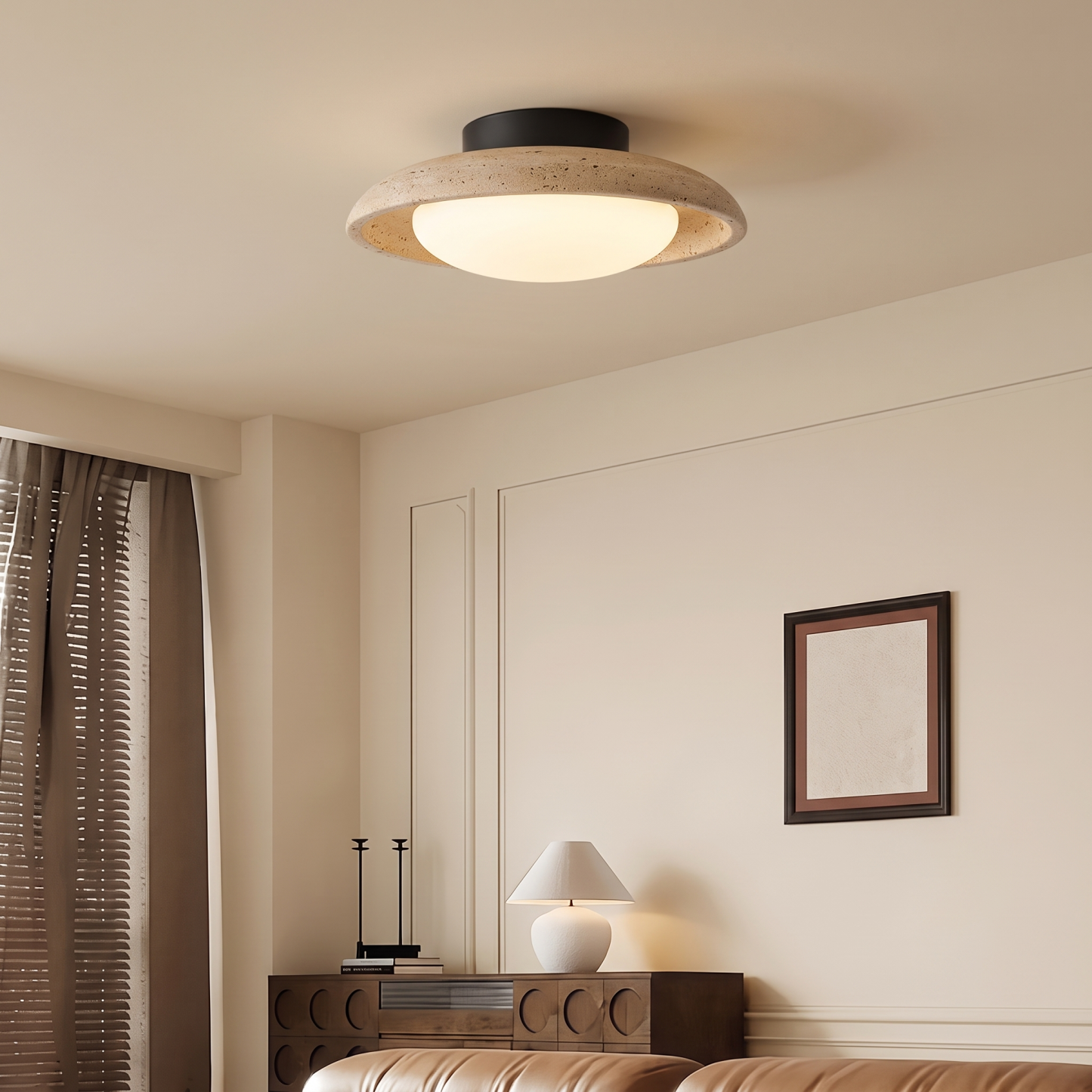 Wabi-Sabi Retro Yellow Travertine Flush Mount Ceiling Light for for Living Room Bedroom Entryway