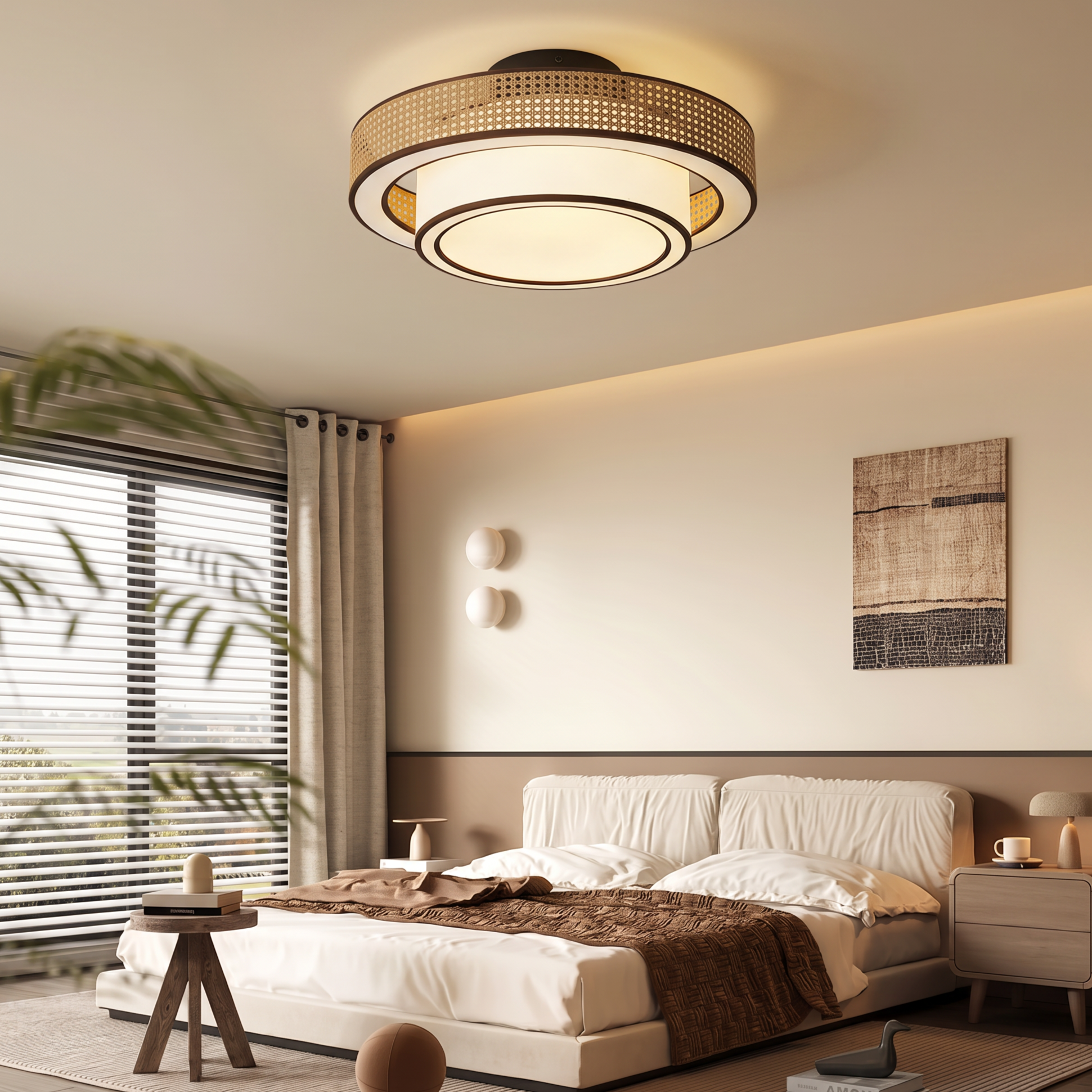 Japanese style Drum Rattan Flush Mount Ceiling Light for Bedroom Living Room