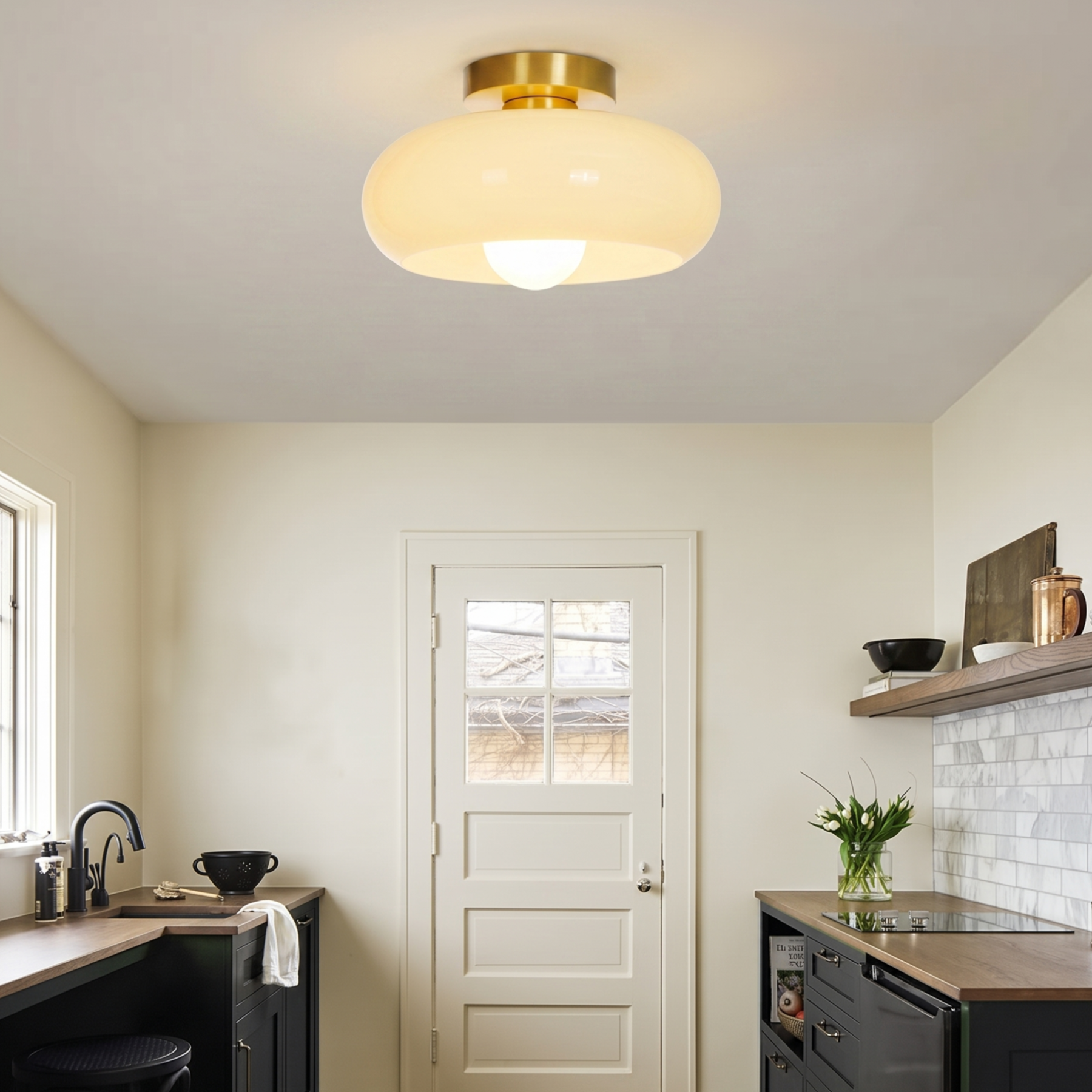 Mid-Century Modern Milk Glass Flush Mount Ceiling Light for Bedroom Hallway Living Room