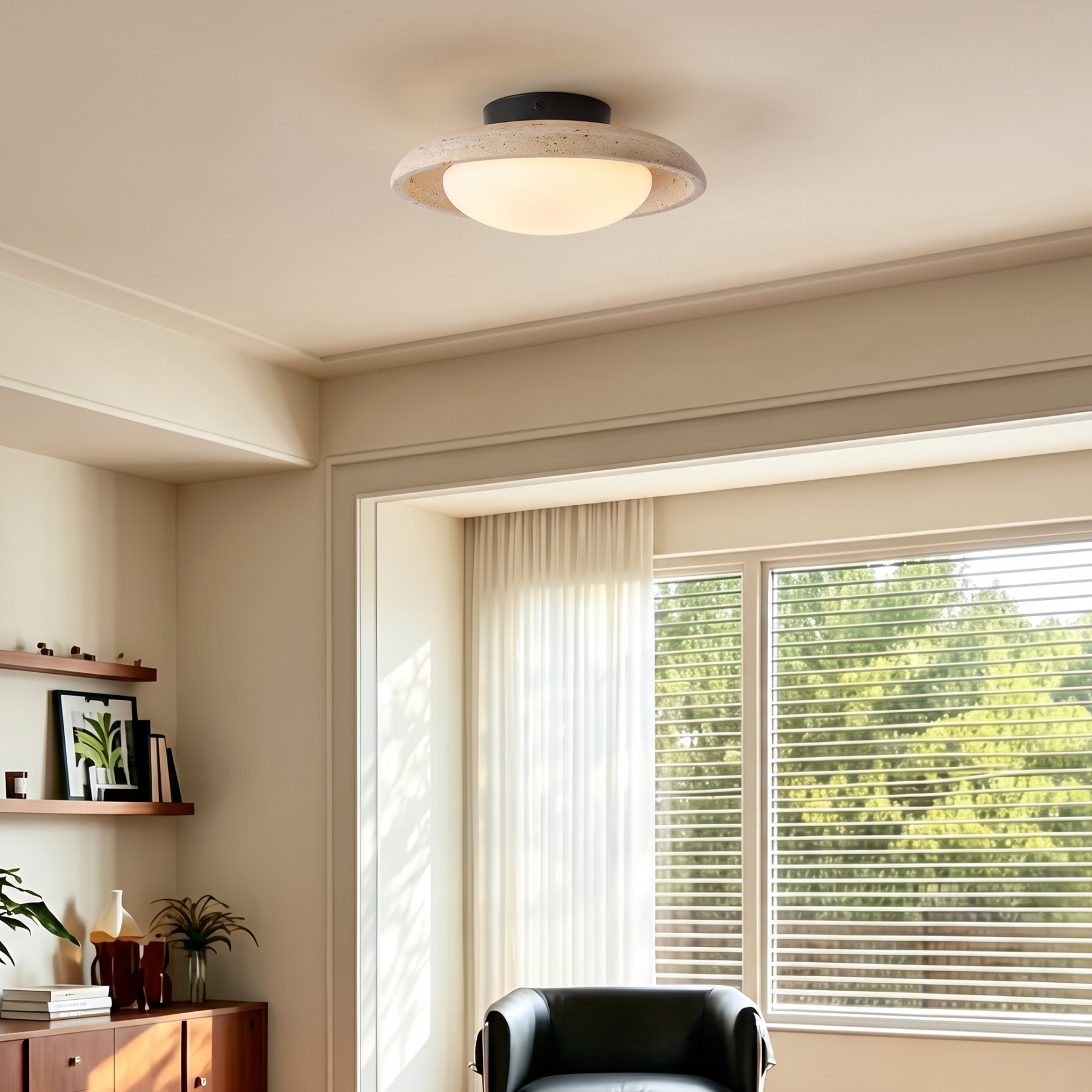 Wabi-Sabi Retro Yellow Travertine Flush Mount Ceiling Light for for Living Room Bedroom Entryway