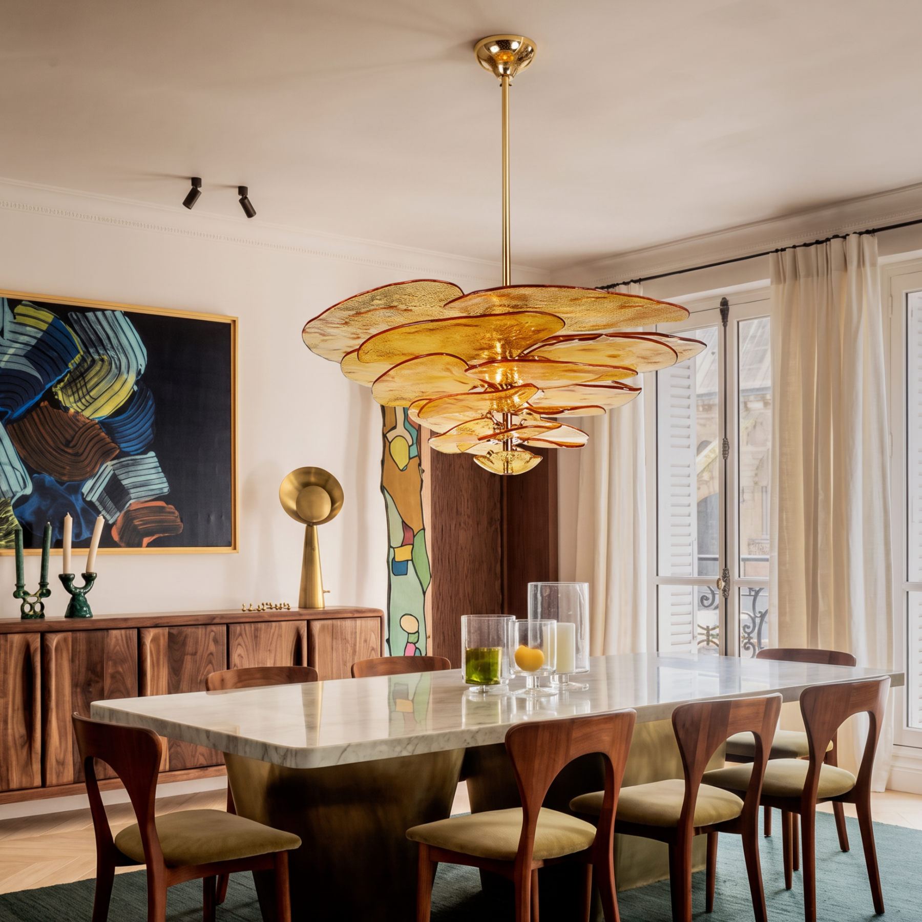 Mid-Century Modern Amber Petal Chandelier for Living Room Dining Area