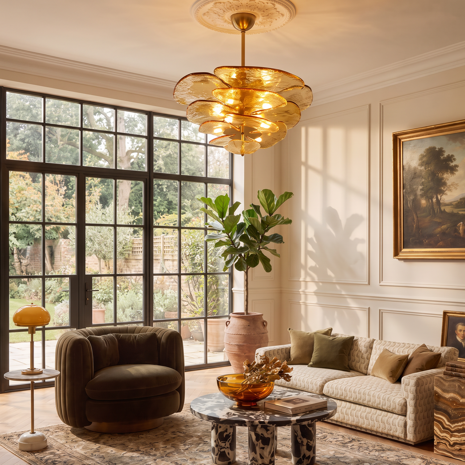 Mid-Century Modern Amber Petal Chandelier for Living Room Dining Area