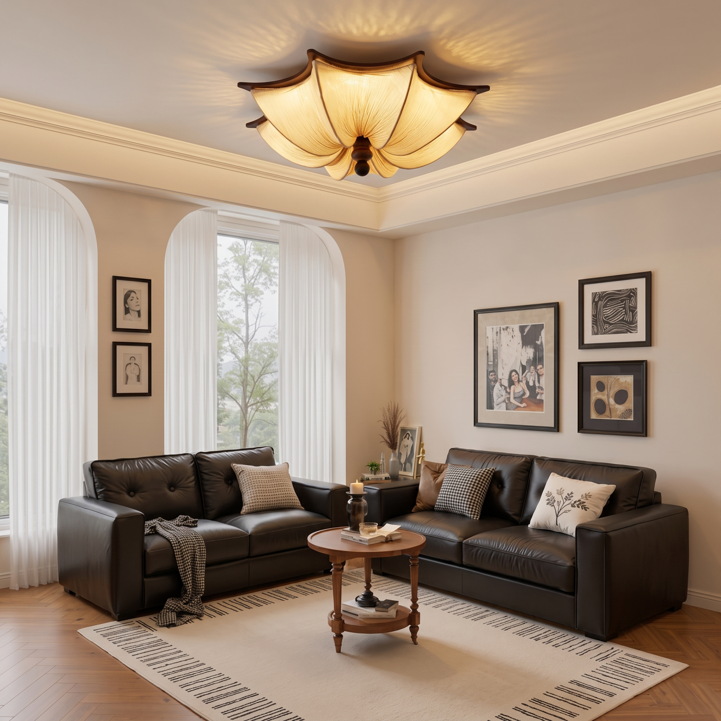 Lotus Fabric Flush Mount Ceiling Light,Vintage Wabi-Sabi  Lamp for Living Room Bedroom