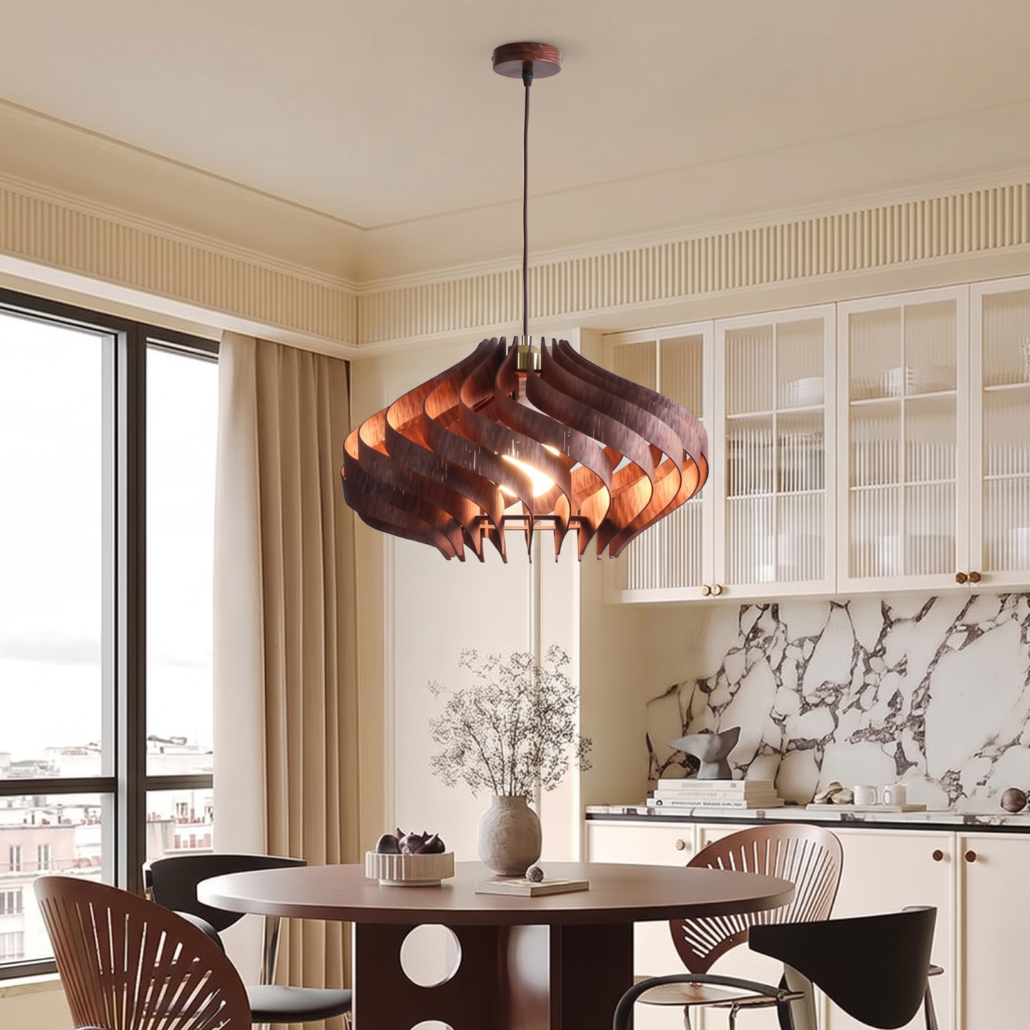 Retro Wooden Pendant Light Japandi Hanging Ceiling Lamp for Dining Room Kitchen Island Living Room