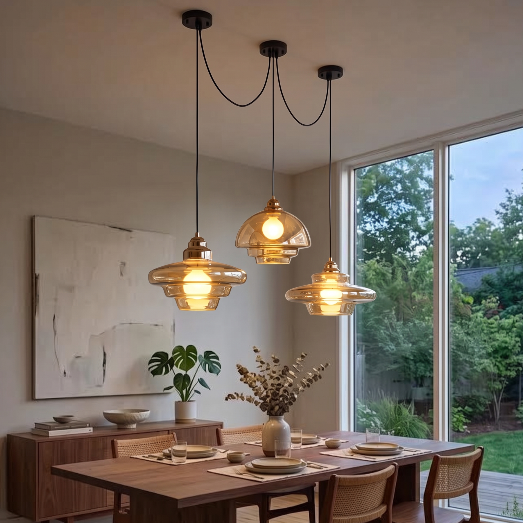 Modern cluster pendant light with 3 layered amber glass lampshades hanging for living room