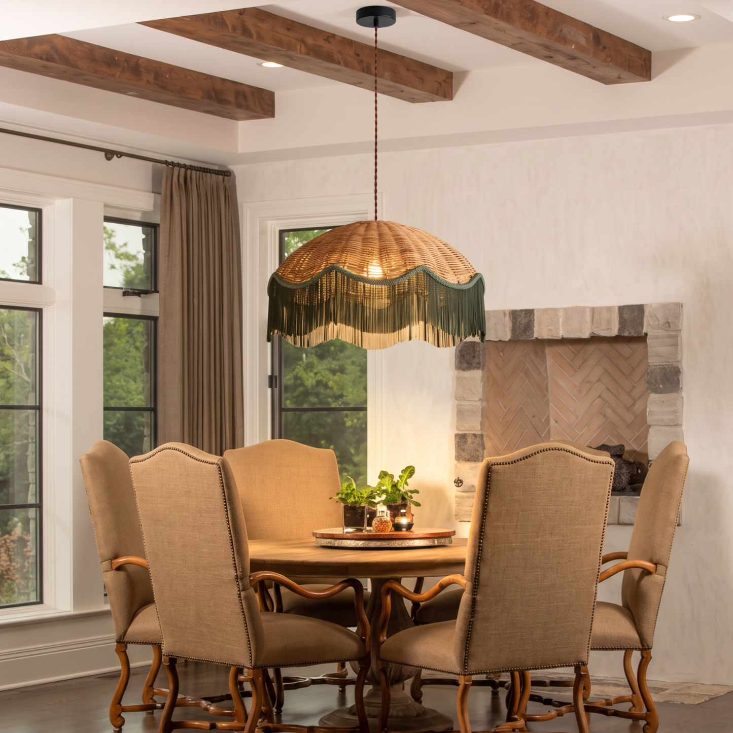 Handwoven Rattan and Fringe Pendant Light Vintage Bohemian Chandelier for Dining Room