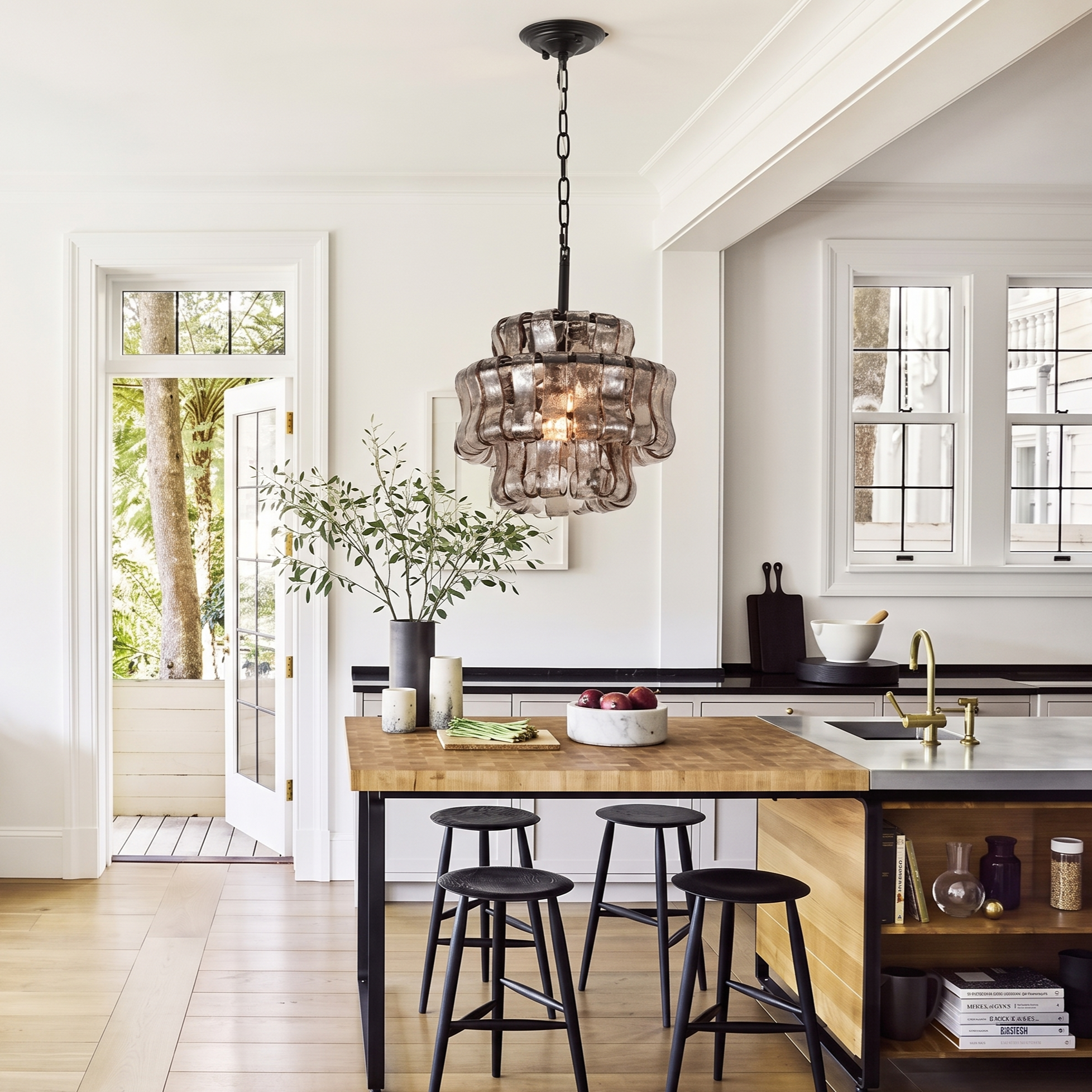 Vintage Ribbed Glass Pendant Light Mid-Century Modern Chandelier for Kitchen Island Dining Room 