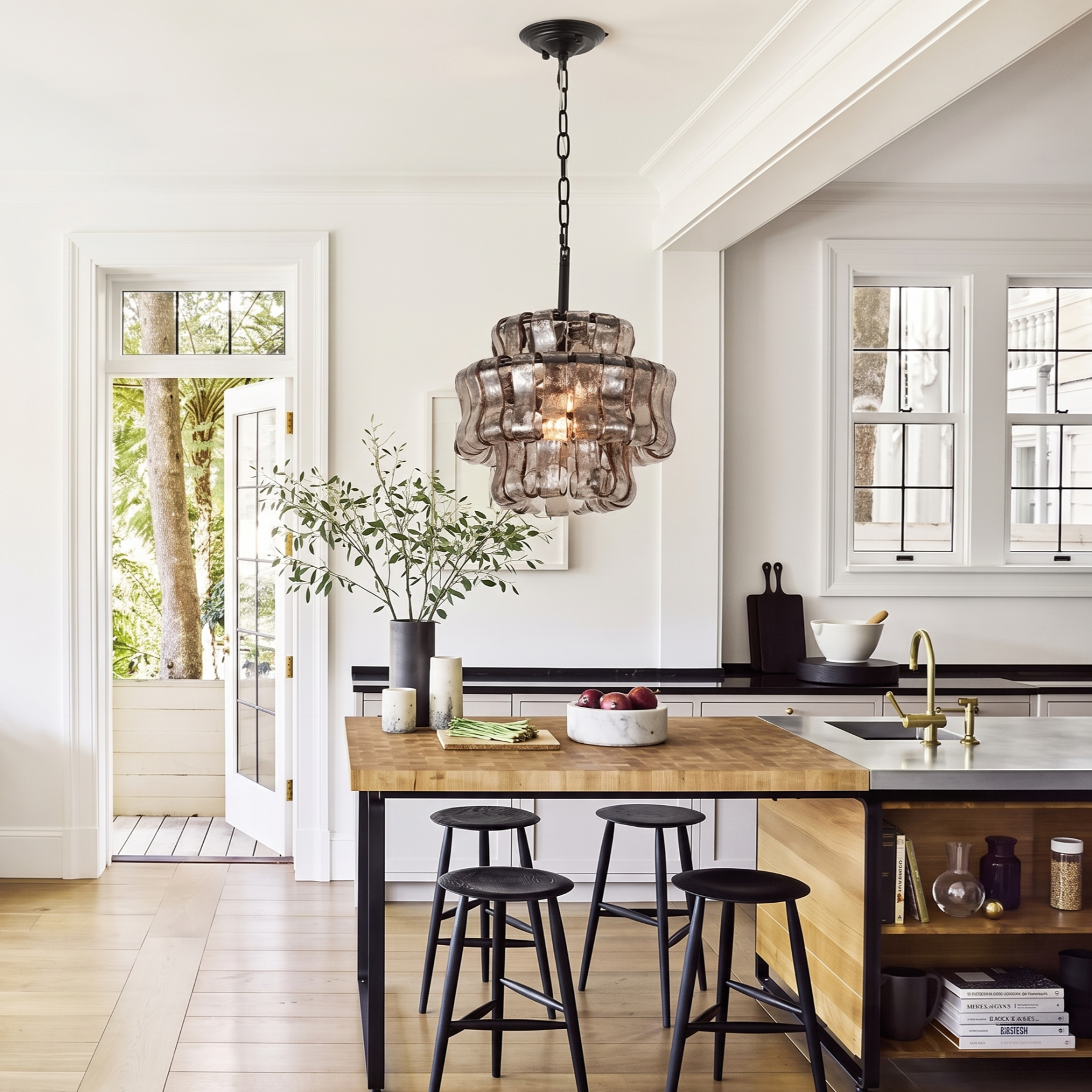 Vintage Ribbed Glass Pendant Light Mid-Century Modern Chandelier for Kitchen Island Dining Room 
