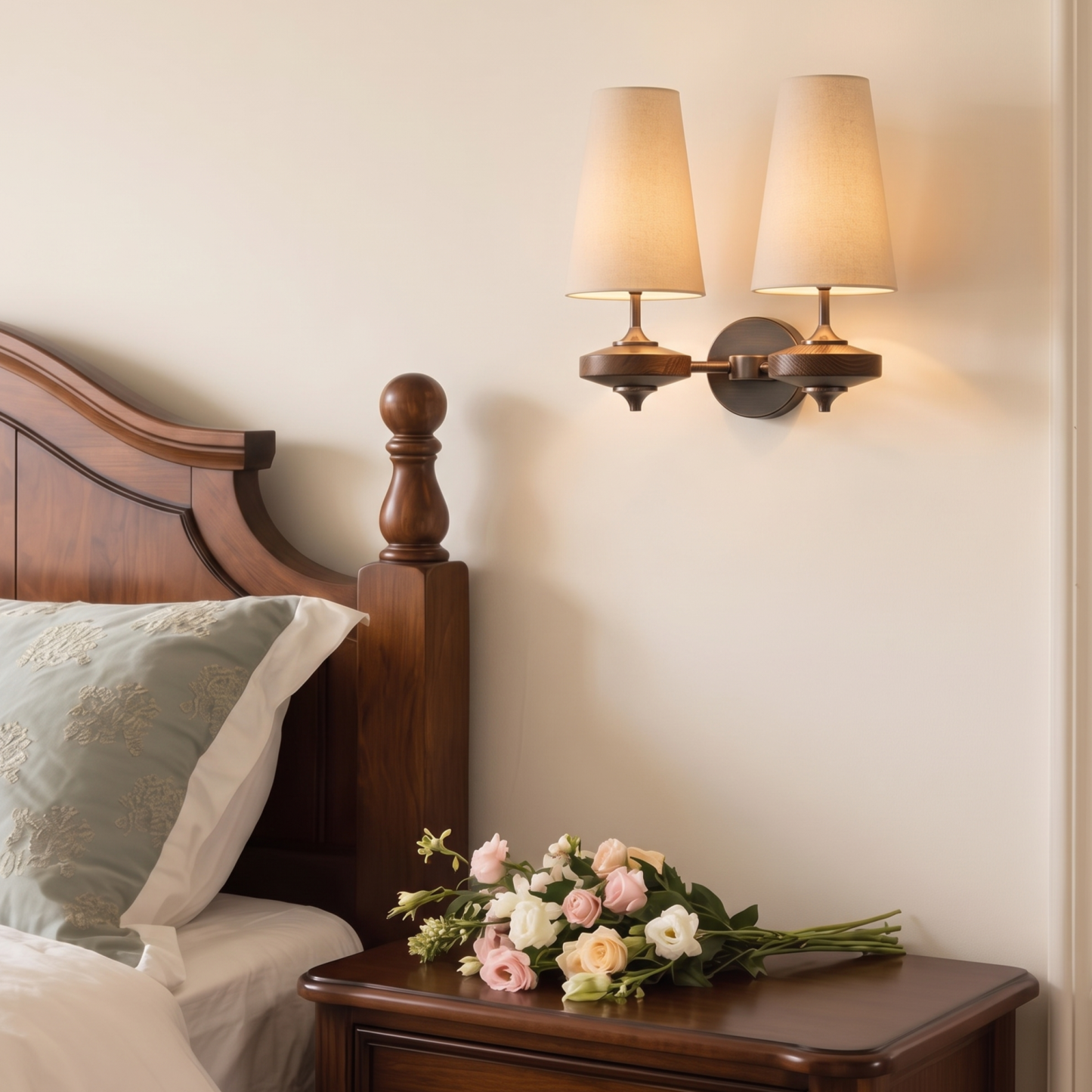 Modern Mid-Century Fabric Wall Sconce Elegant Dark Wood Accent Sconce for the Bedroom Living Room and Hallway