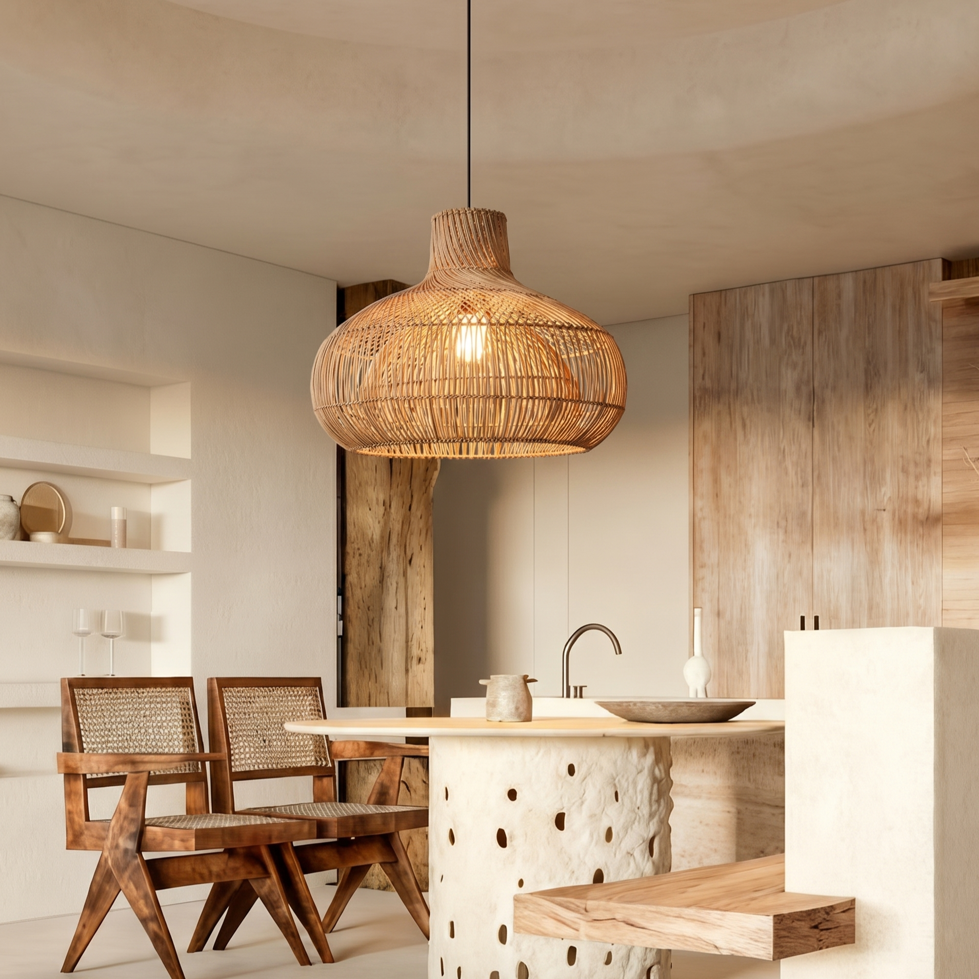 Boho Hand-Woven Rattan Pendant Light, Large Dome-Shaped Wicker Hanging Lamp for Kitchen Islands Dining Rooms