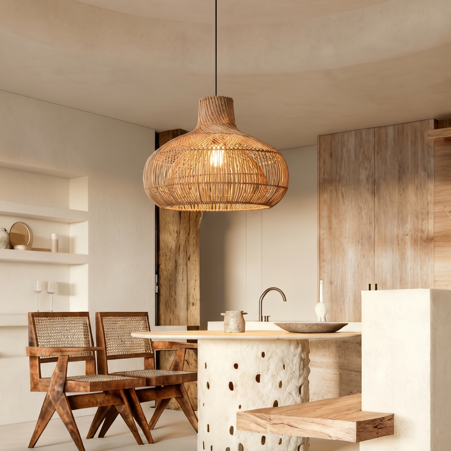 Boho Hand-Woven Rattan Pendant Light, Large Dome-Shaped Wicker Hanging Lamp for Kitchen Islands Dining Rooms